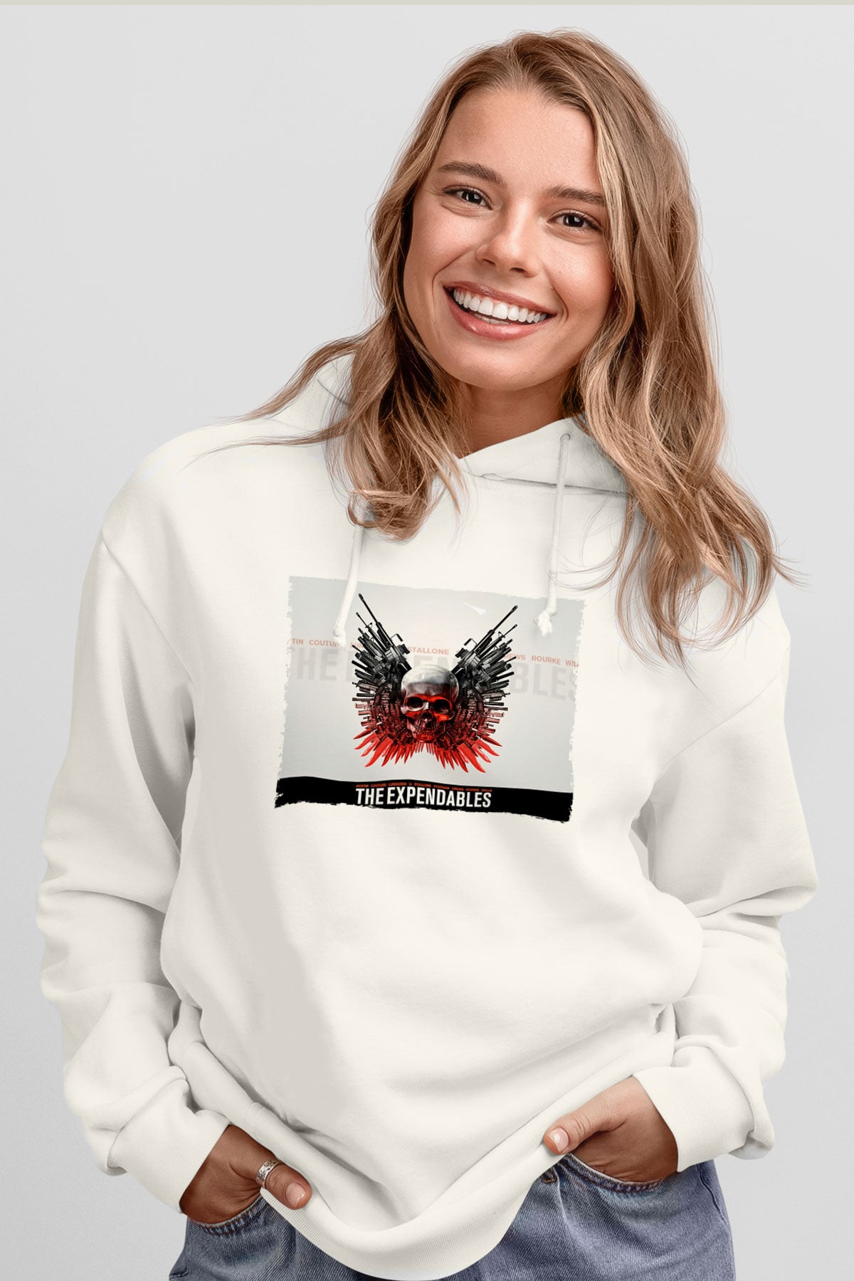 Unisex Cehennem Melekleri - The Expendables Baskılı Beyaz Kapüşonlu Sweatshirt