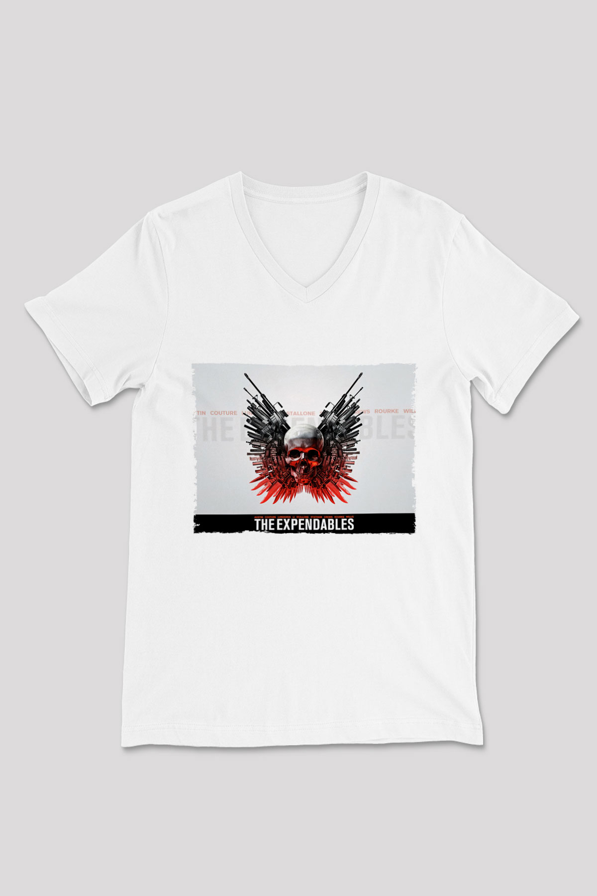 Unisex Cehennem Melekleri - The Expendables Baskılı Beyaz V Yaka Tişört