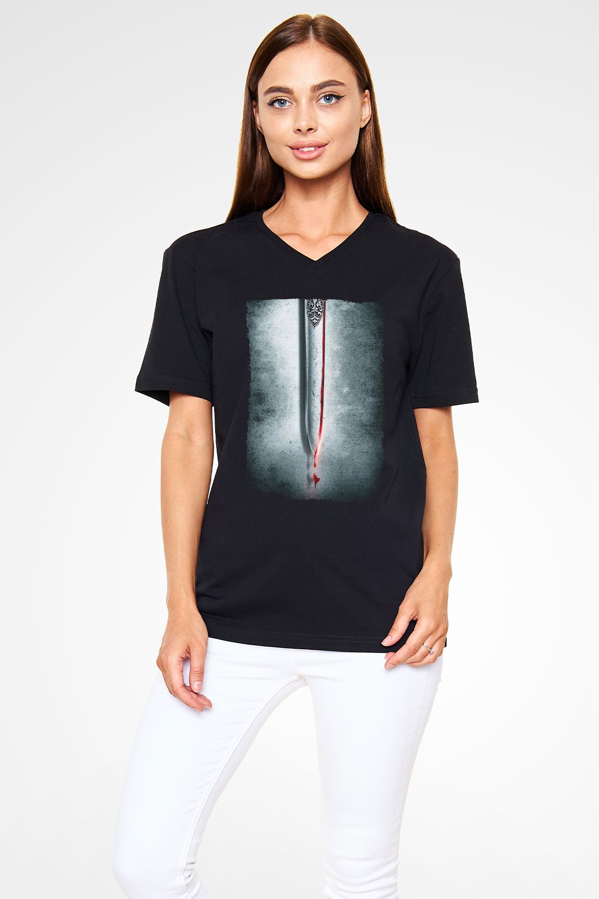 Unisex Cesur Yürek (Braveheart) Baskılı Siyah V Yaka T-shirt