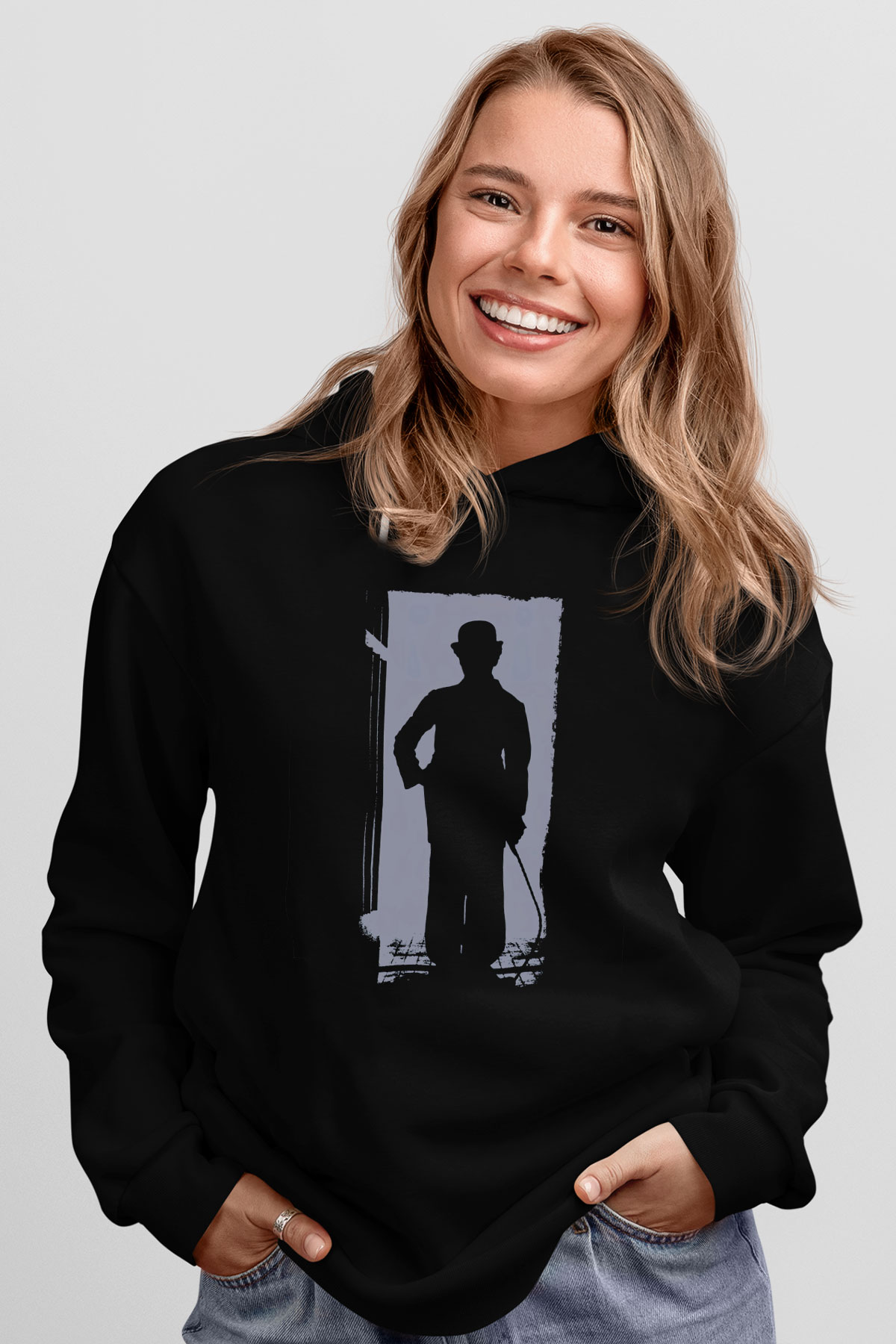 Unisex Charlie Chaplin Baskılı Siyah Kapüşonlu Sweatshirt