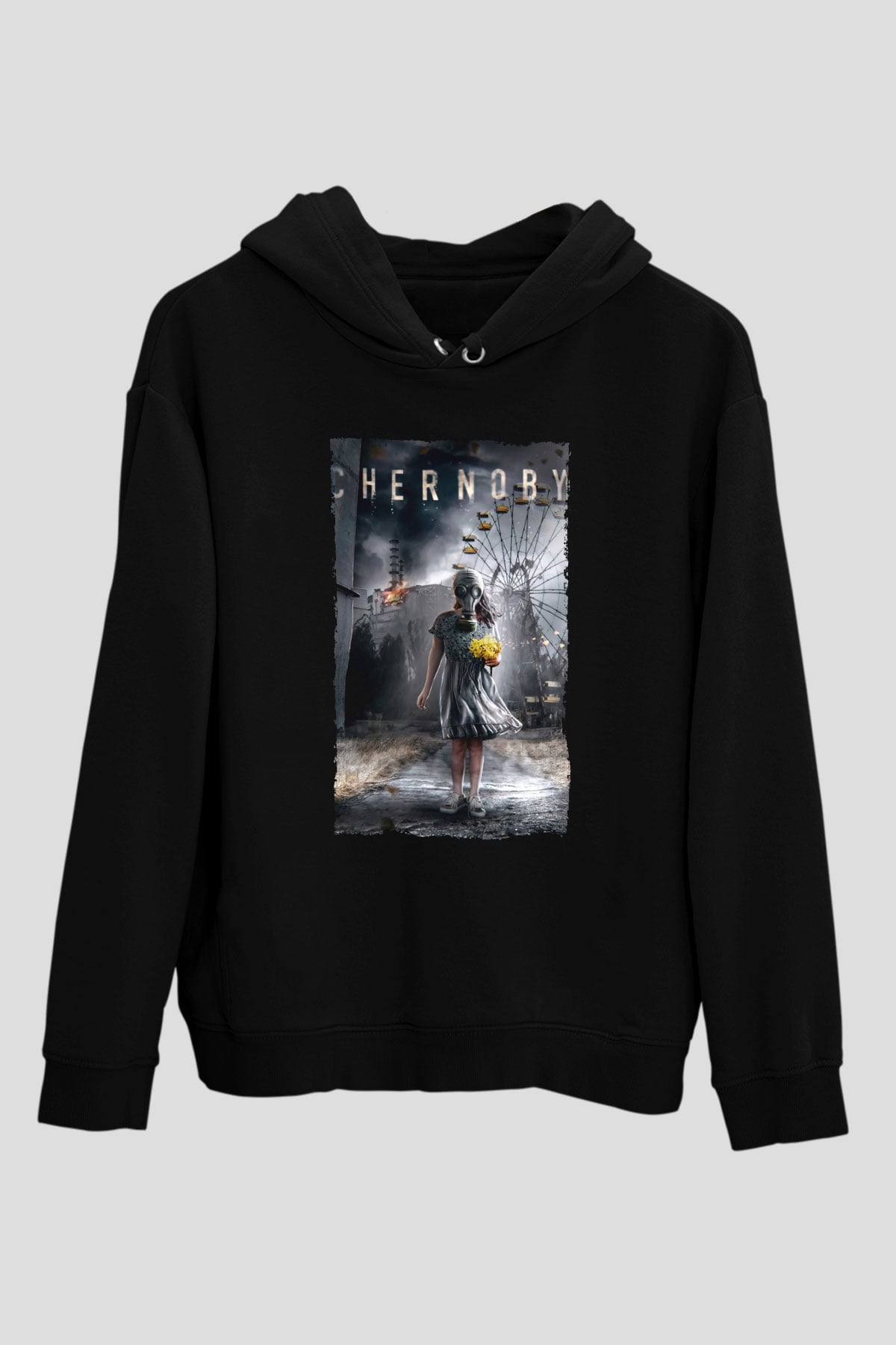 Unisex Chernobyl Baskılı Siyah Kapüşonlu Sweatshirt