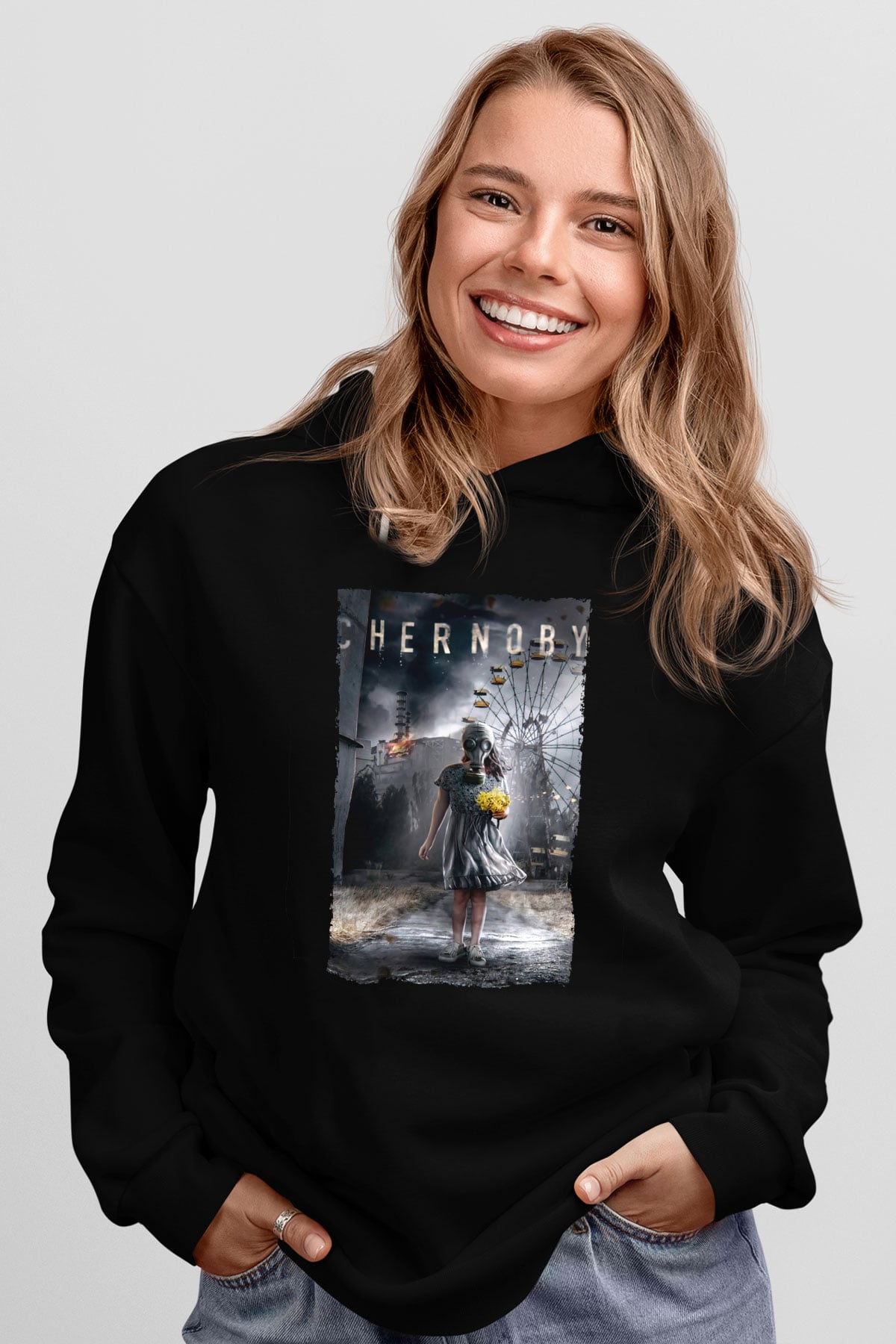 Unisex Chernobyl Baskılı Siyah Kapüşonlu Sweatshirt