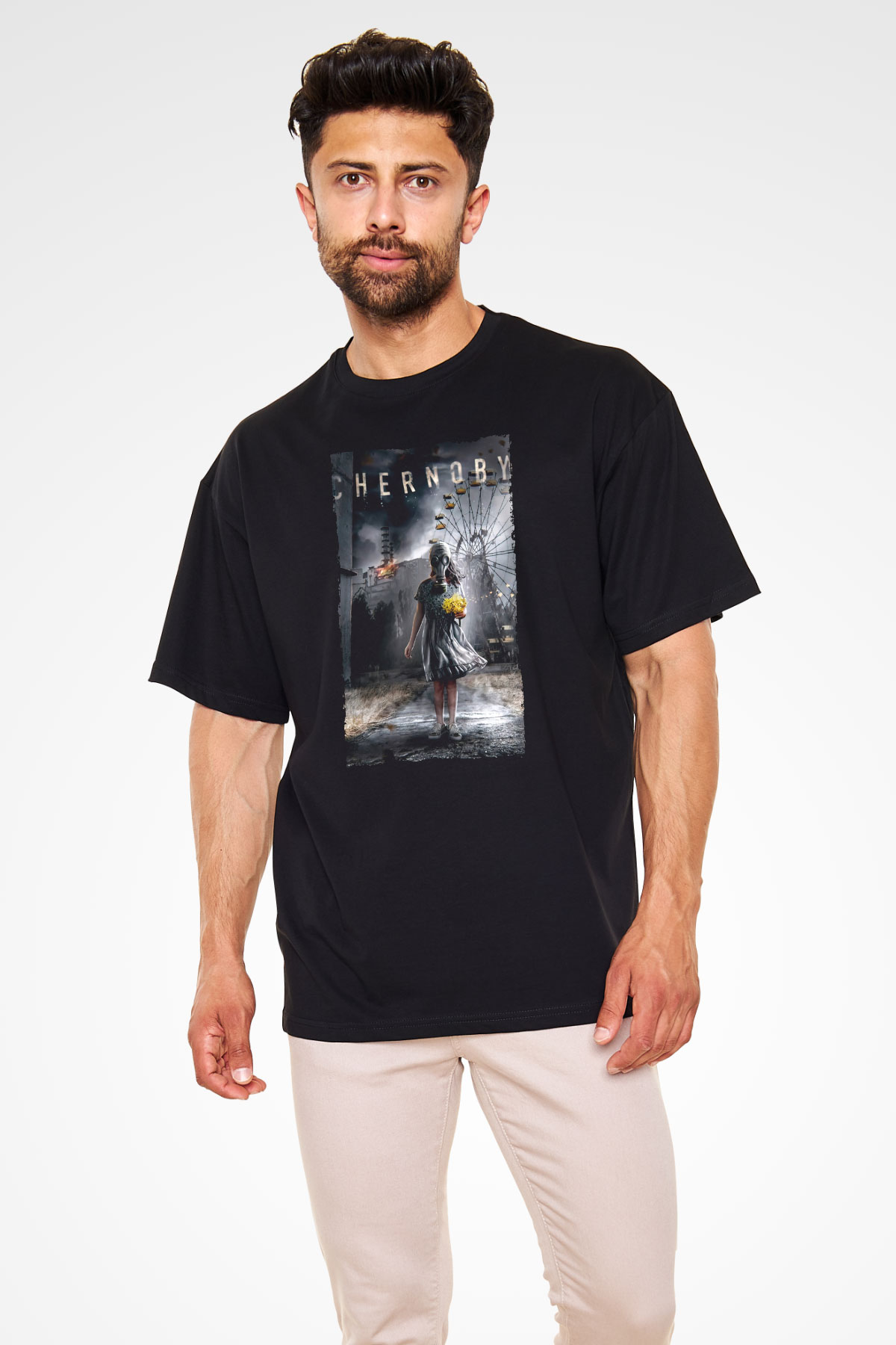 Unisex Chernobyl Baskılı Siyah Oversize T-shirt