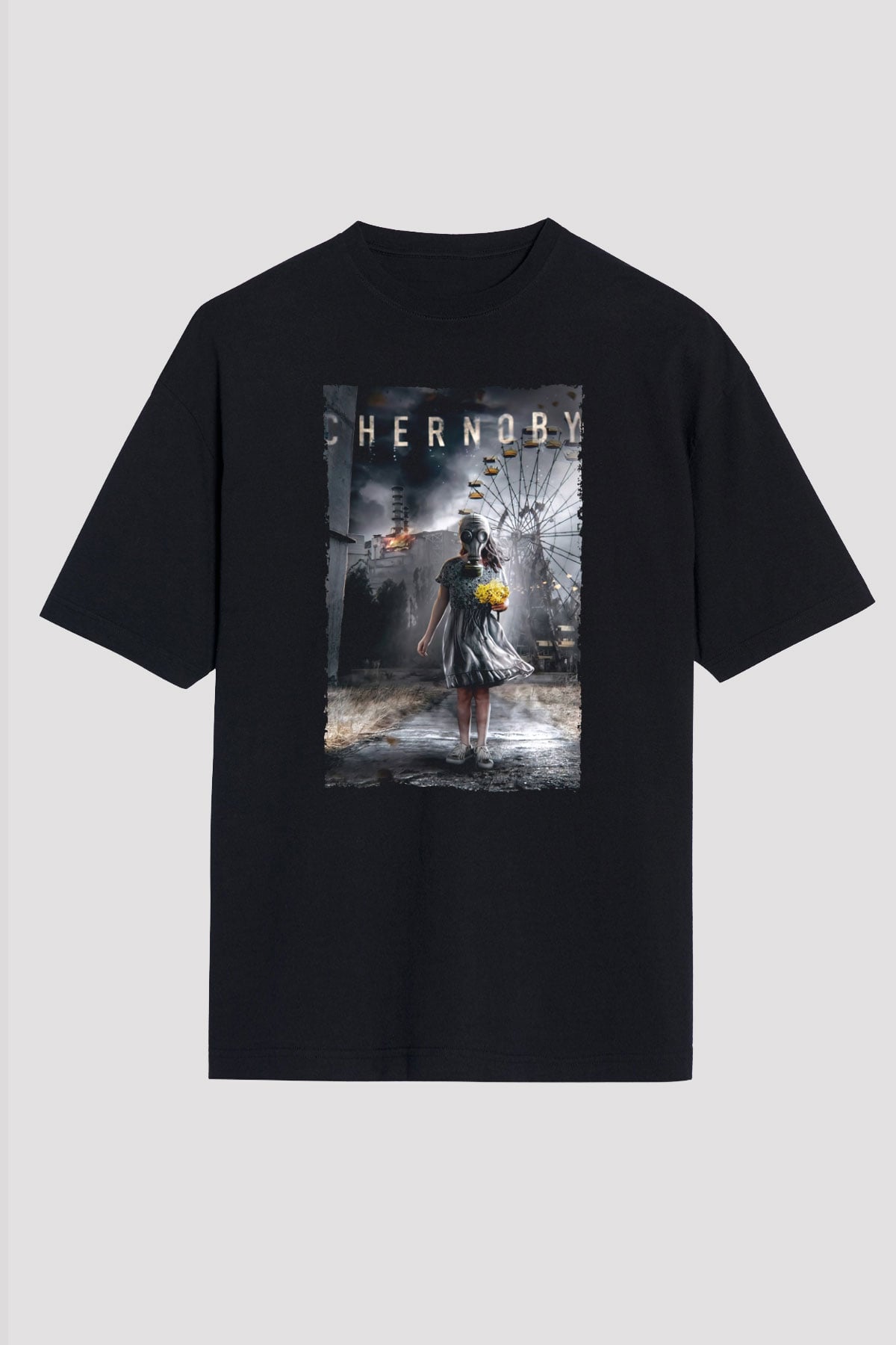 Unisex Chernobyl Baskılı Siyah Oversize T-shirt