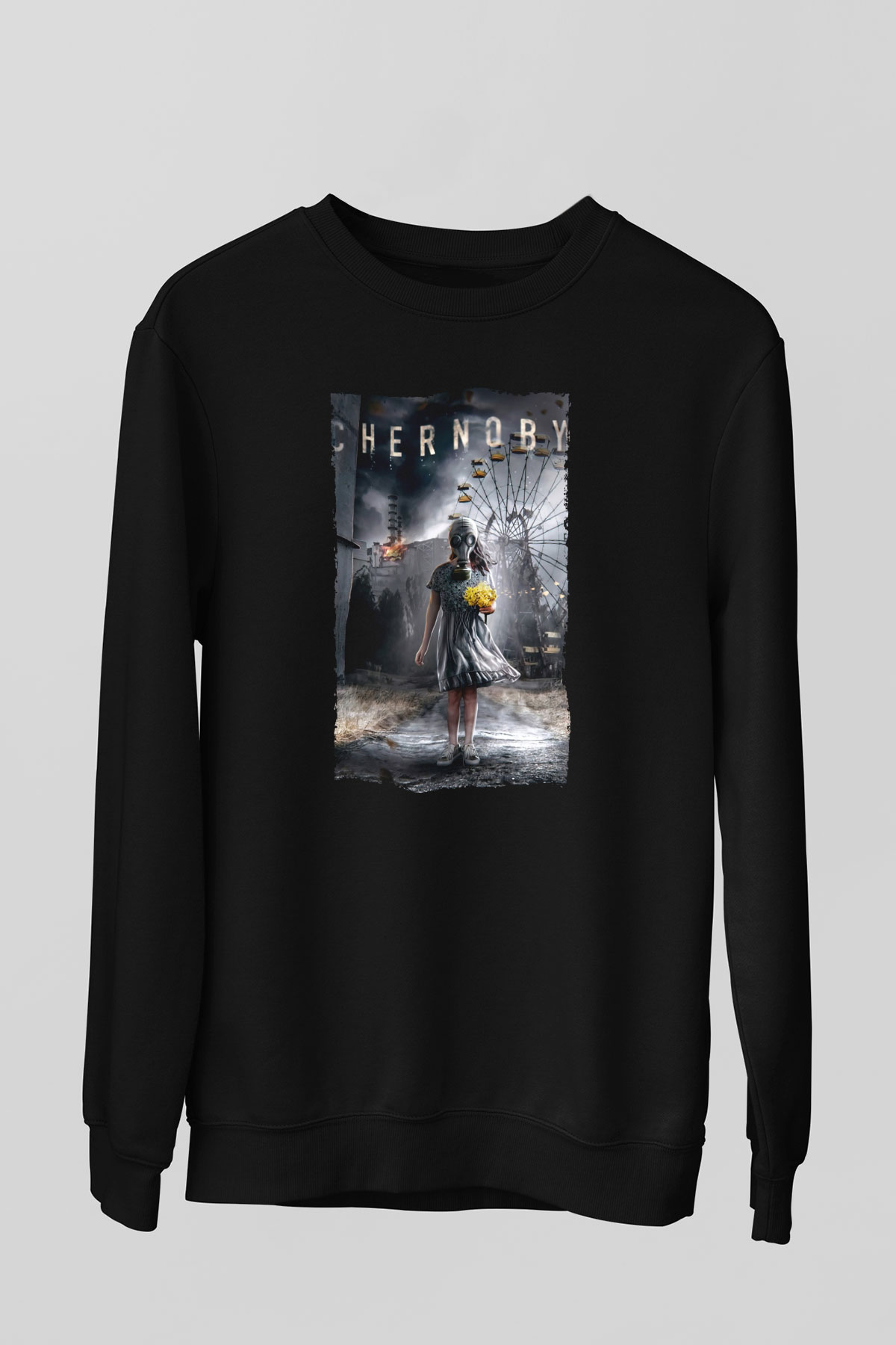 Unisex Chernobyl Baskılı Siyah Sweatshirt