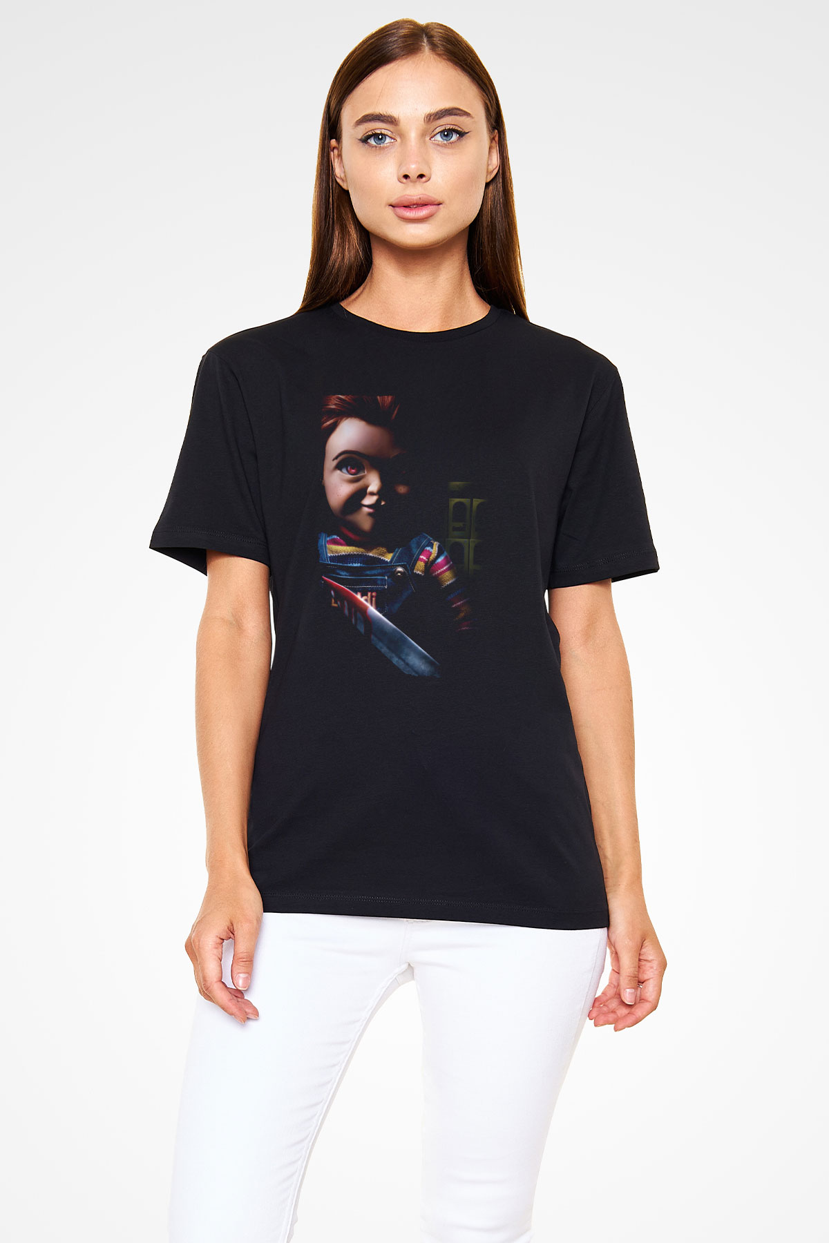 Unisex Chucky (Child's Play) Baskılı Siyah Tshirt
