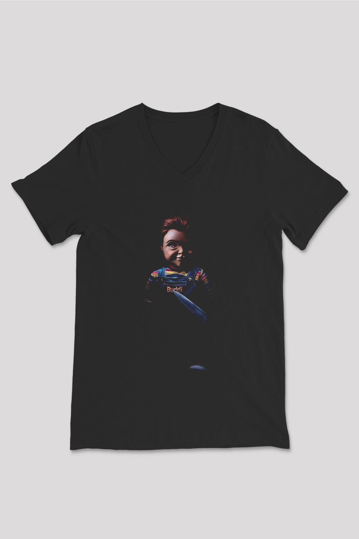 Unisex Chucky (Child's Play) Baskılı Siyah V Yaka Tişört