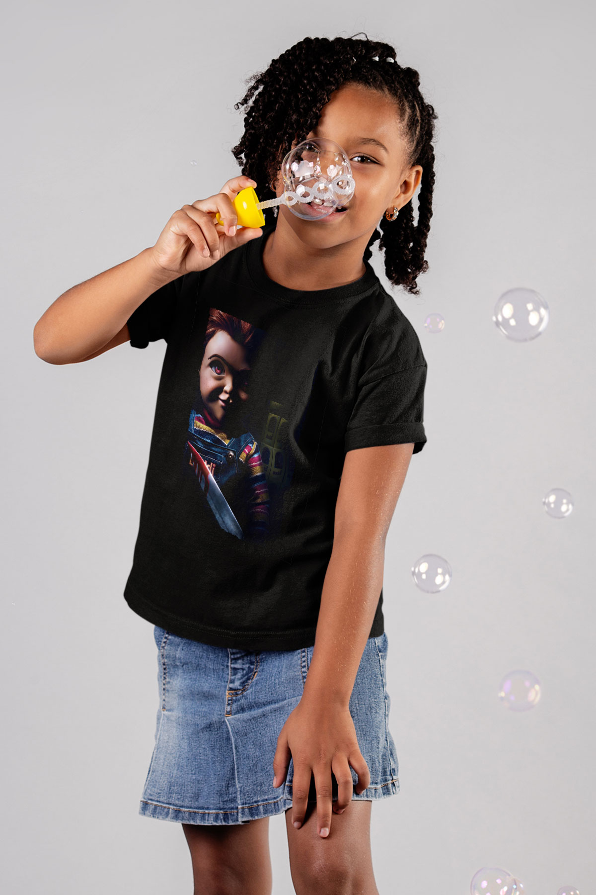 Unisex Chucky (Child's Play) Baskılı Siyah Çocuk Tshirt