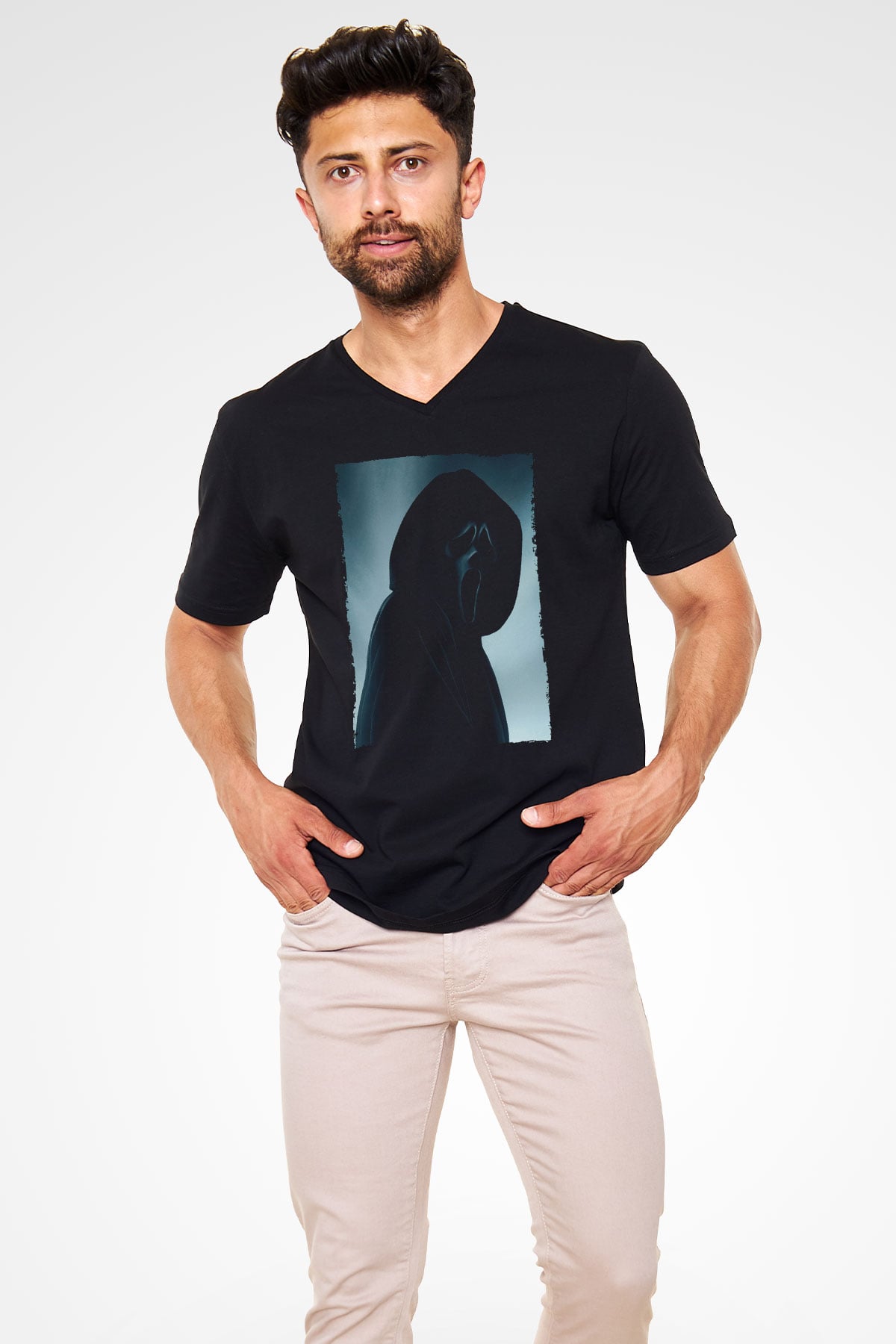 Unisex Çığlık (Scream) Baskılı Siyah V Yaka Tshirt