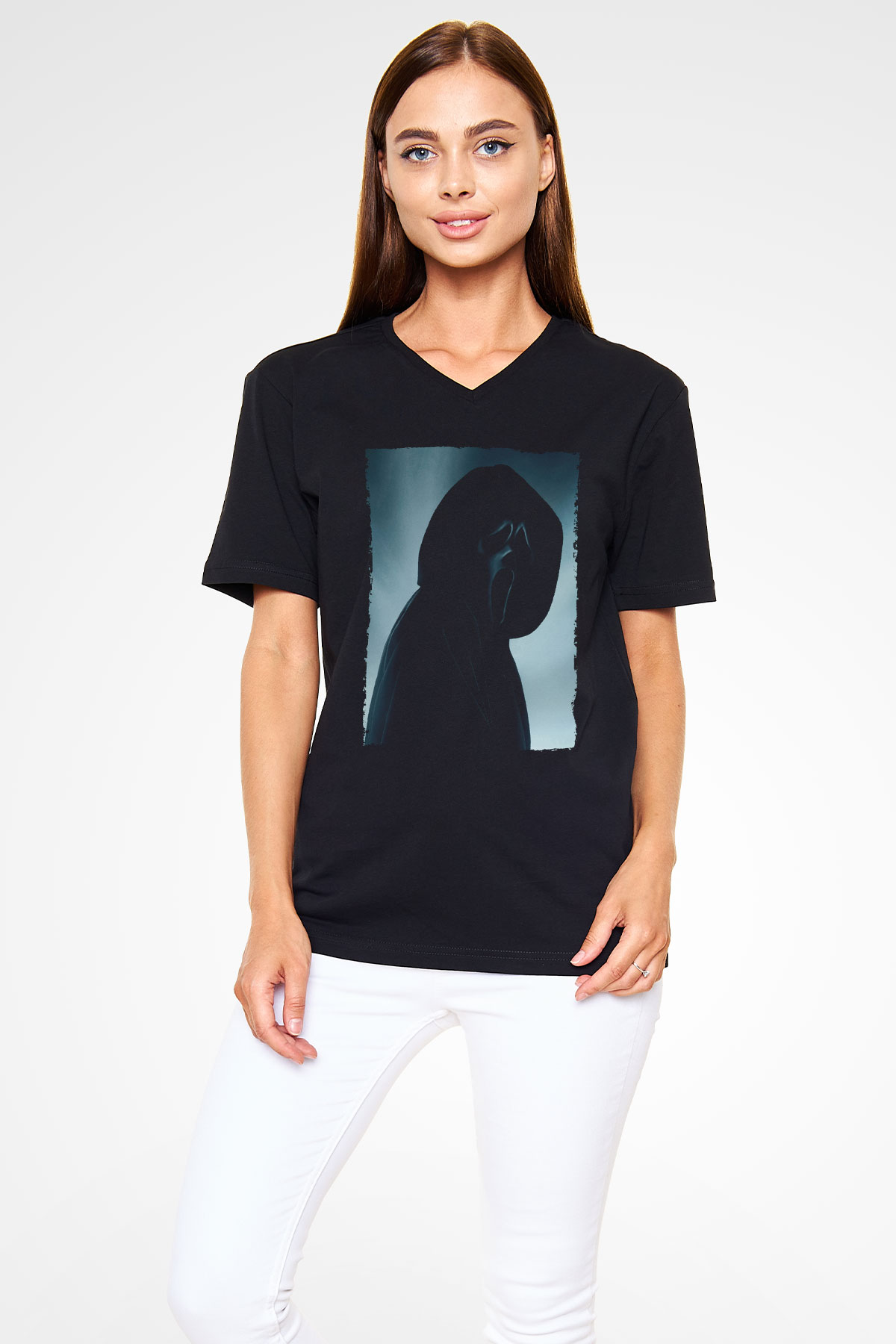 Unisex Çığlık (Scream) Baskılı Siyah V Yaka Tshirt