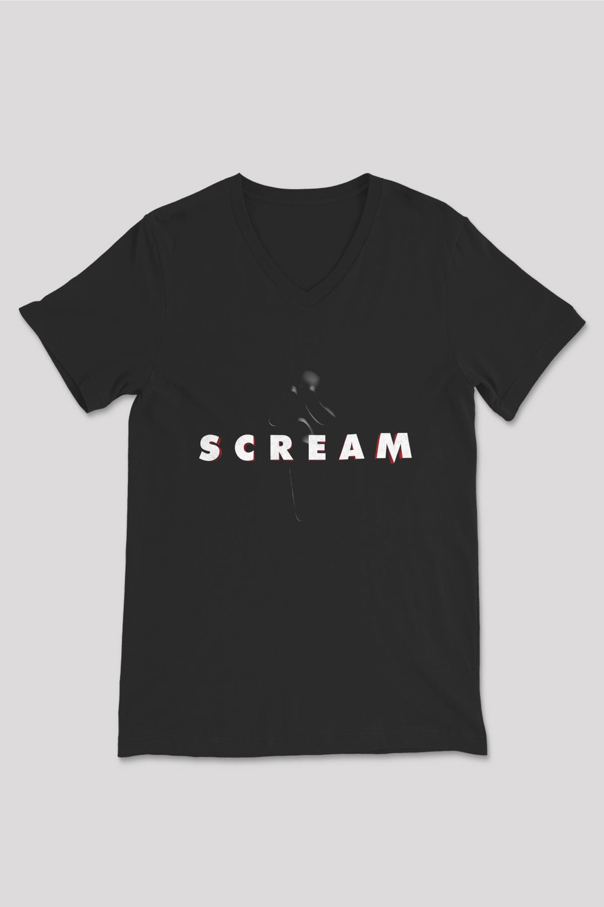 Unisex Çığlık (Scream) Baskılı Siyah V Yaka Tişört