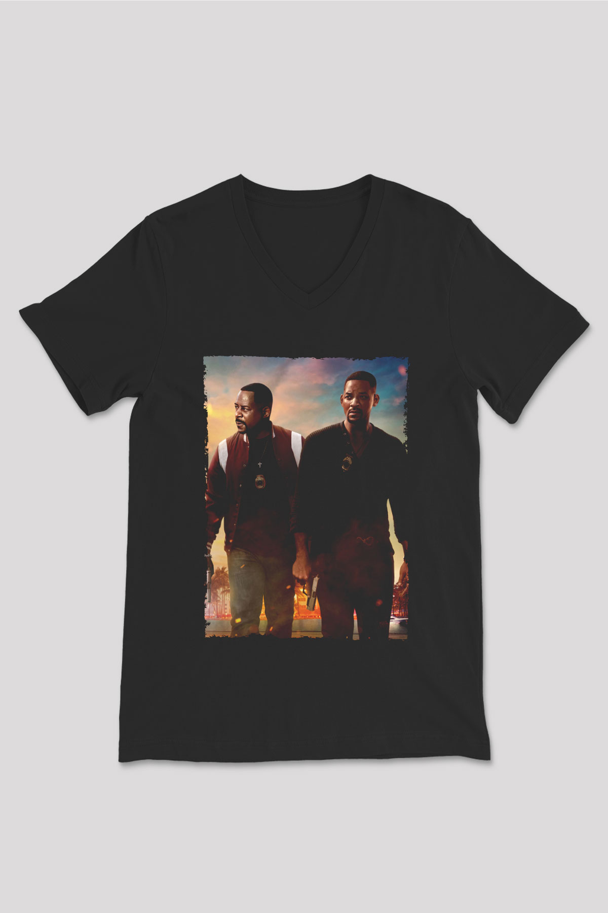 Unisex Çılgın İkili 3 (Bad Boys for Life) Baskılı Siyah V Yaka Tişört