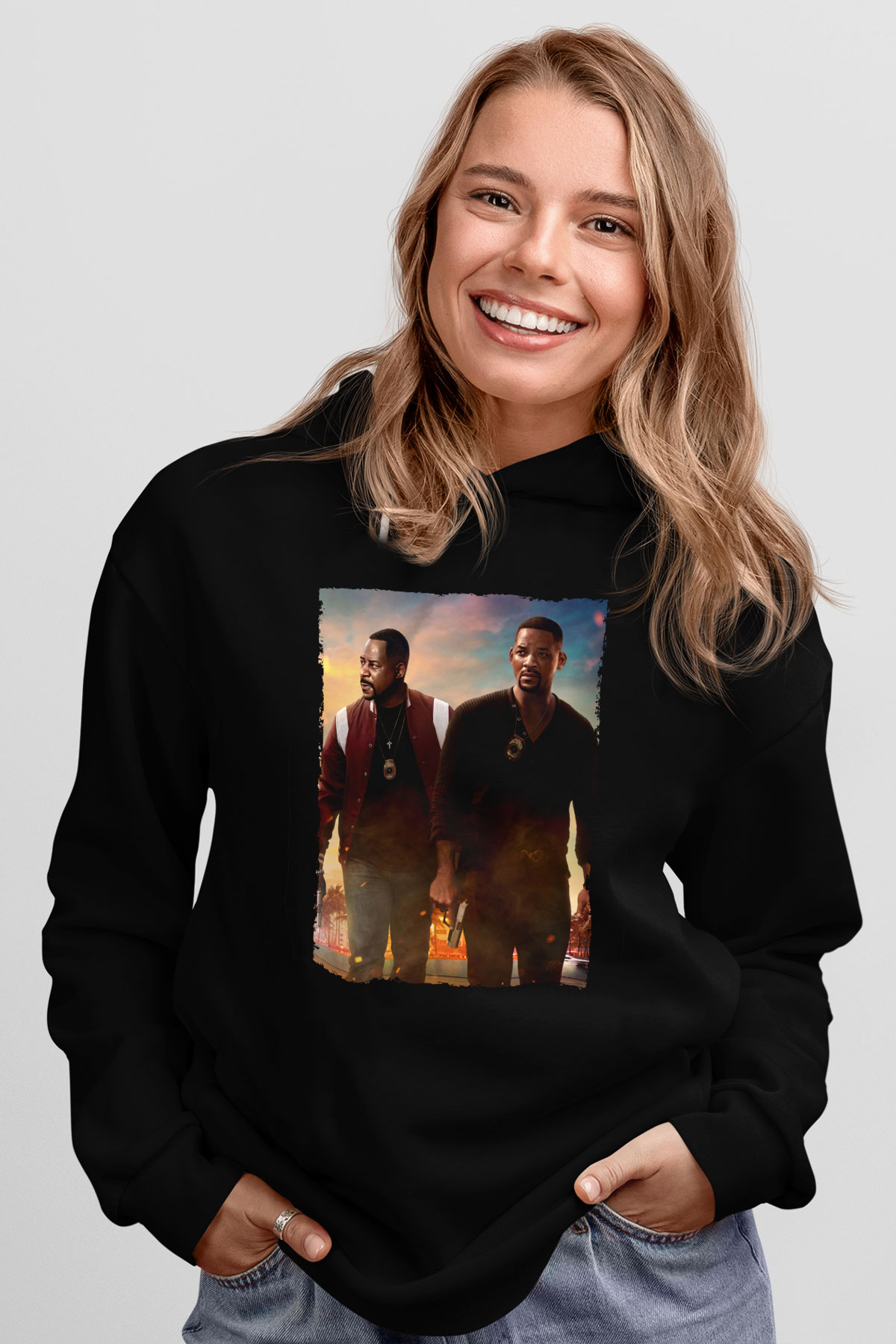Unisex Çılgın İkili 3 (Bad Boys for Life) Baskılı Siyah Kapüşonlu Sweatshirt