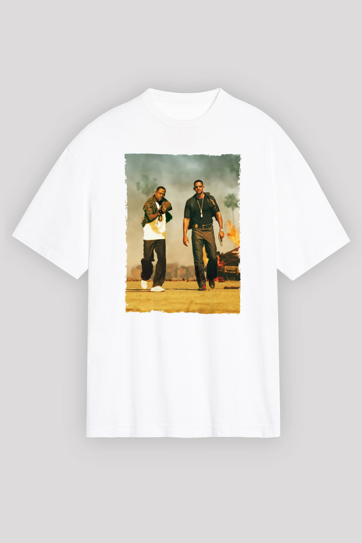 Unisex Çılgın İkili - Bad Boys Baskılı Beyaz Oversize Oversize T-shirt