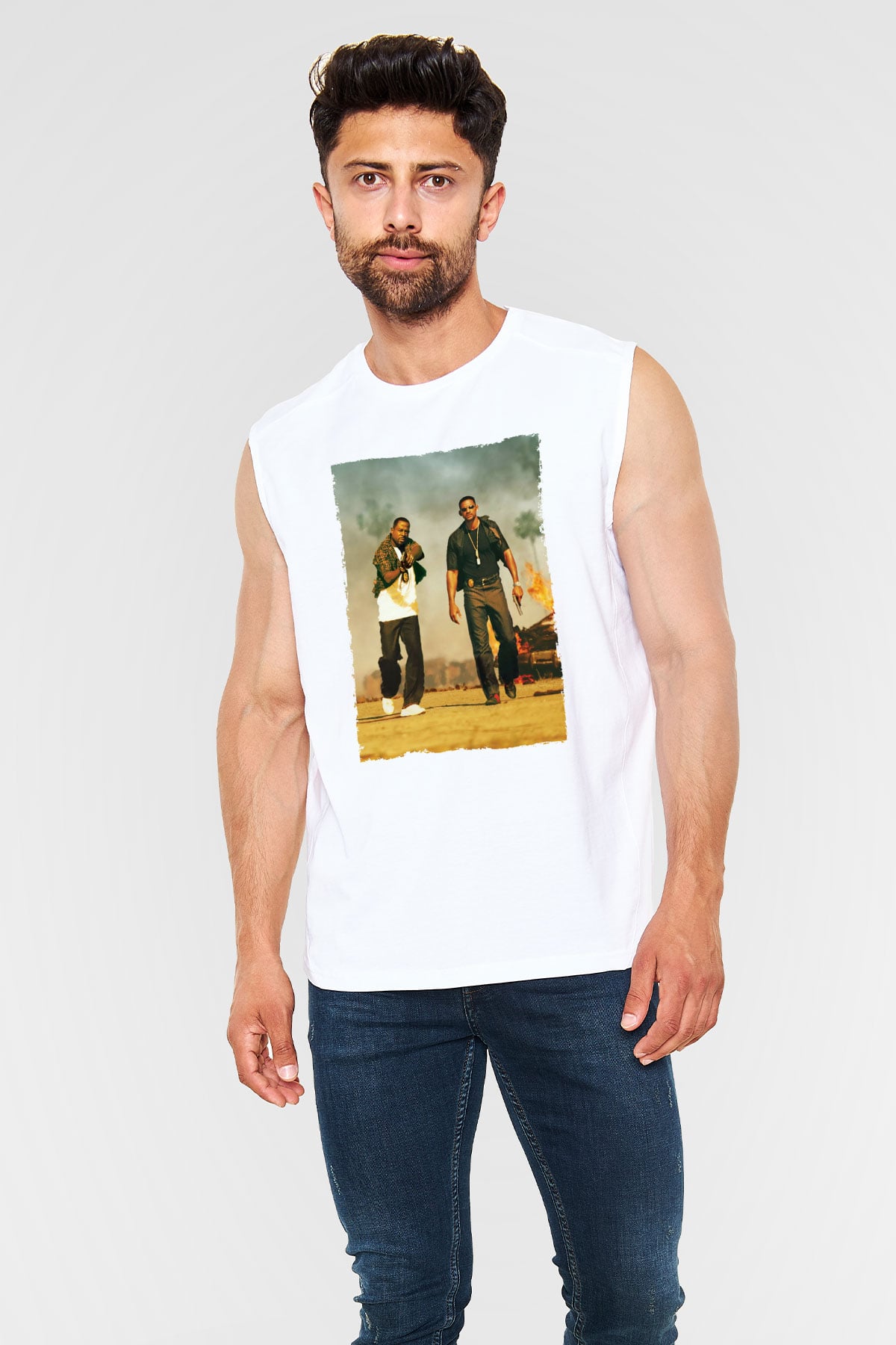 Unisex Çılgın İkili - Bad Boys Baskılı Beyaz Kolsuz Tshirt