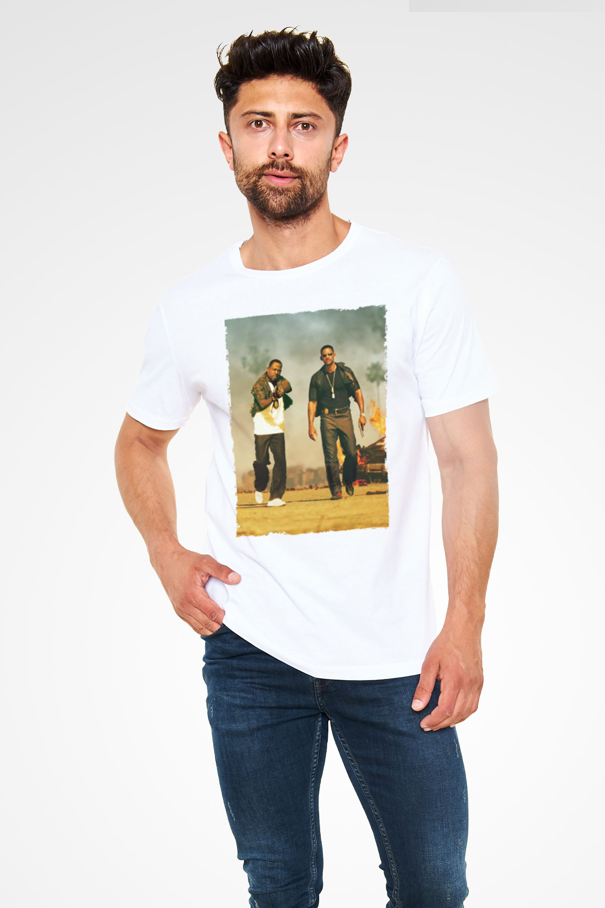Unisex Çılgın İkili - Bad Boys Baskılı Beyaz Tshirt