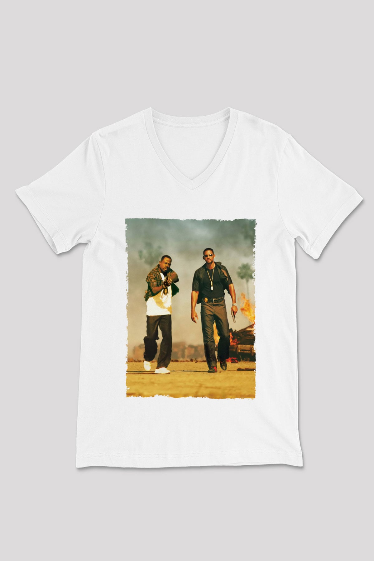 Unisex Çılgın İkili - Bad Boys Baskılı Beyaz V Yaka Tshirt