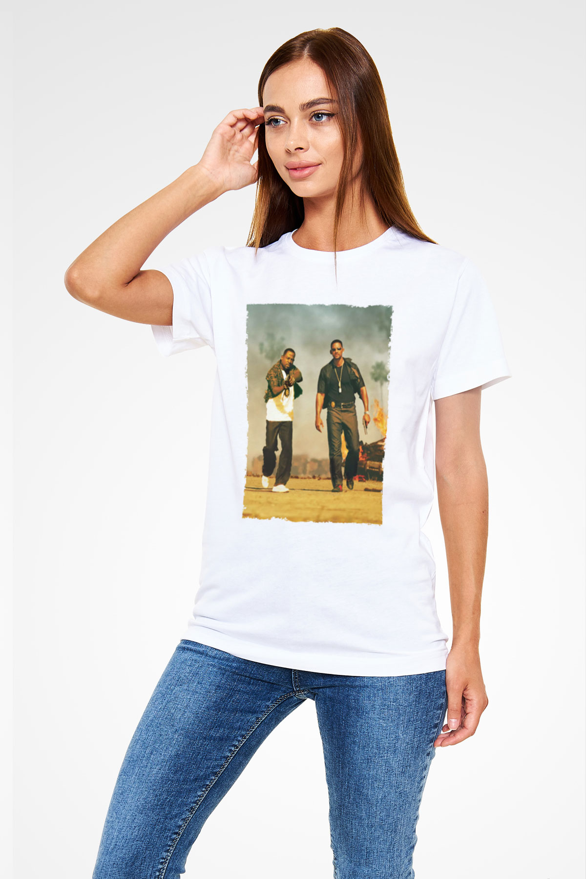 Unisex Çılgın İkili - Bad Boys Baskılı Beyaz Tshirt