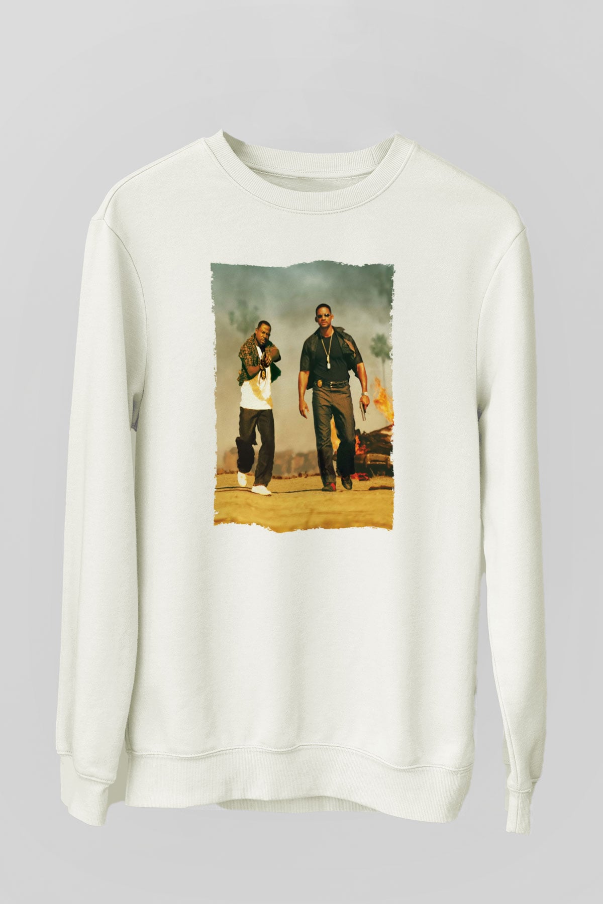 Unisex Çılgın İkili - Bad Boys Baskılı Beyaz Sweatshirt