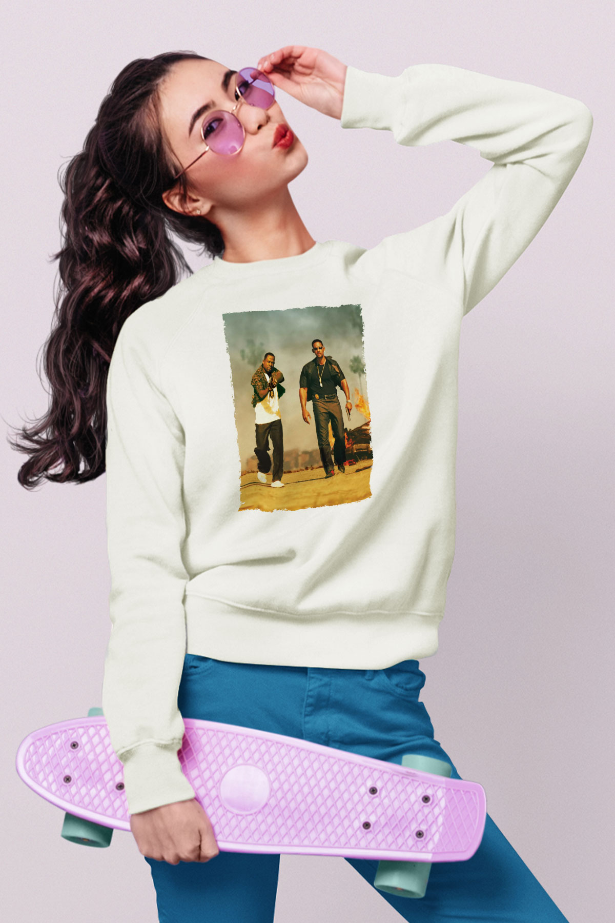 Unisex Çılgın İkili - Bad Boys Baskılı Beyaz Sweatshirt