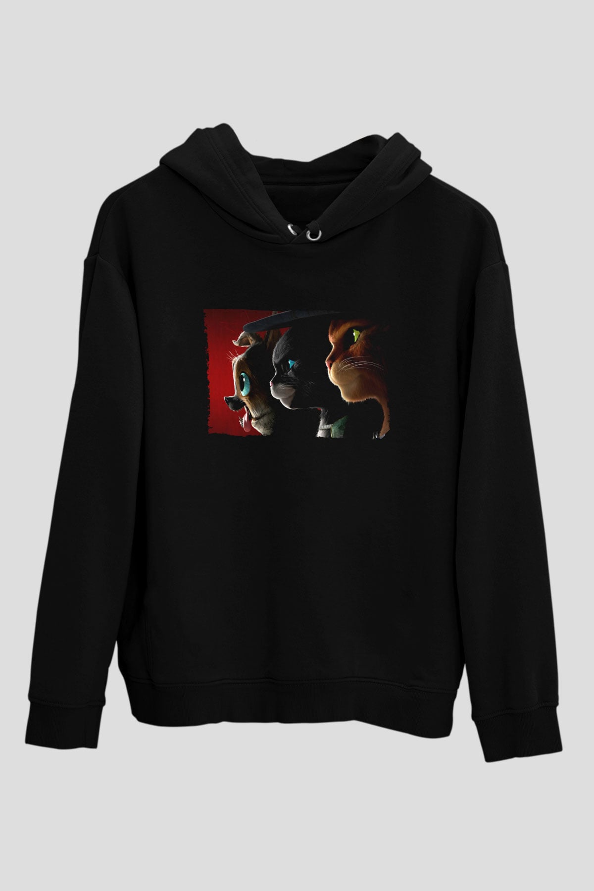 Unisex Çizmeli Kedi (Puss in Boots) Baskılı Siyah Kapüşonlu Sweatshirt