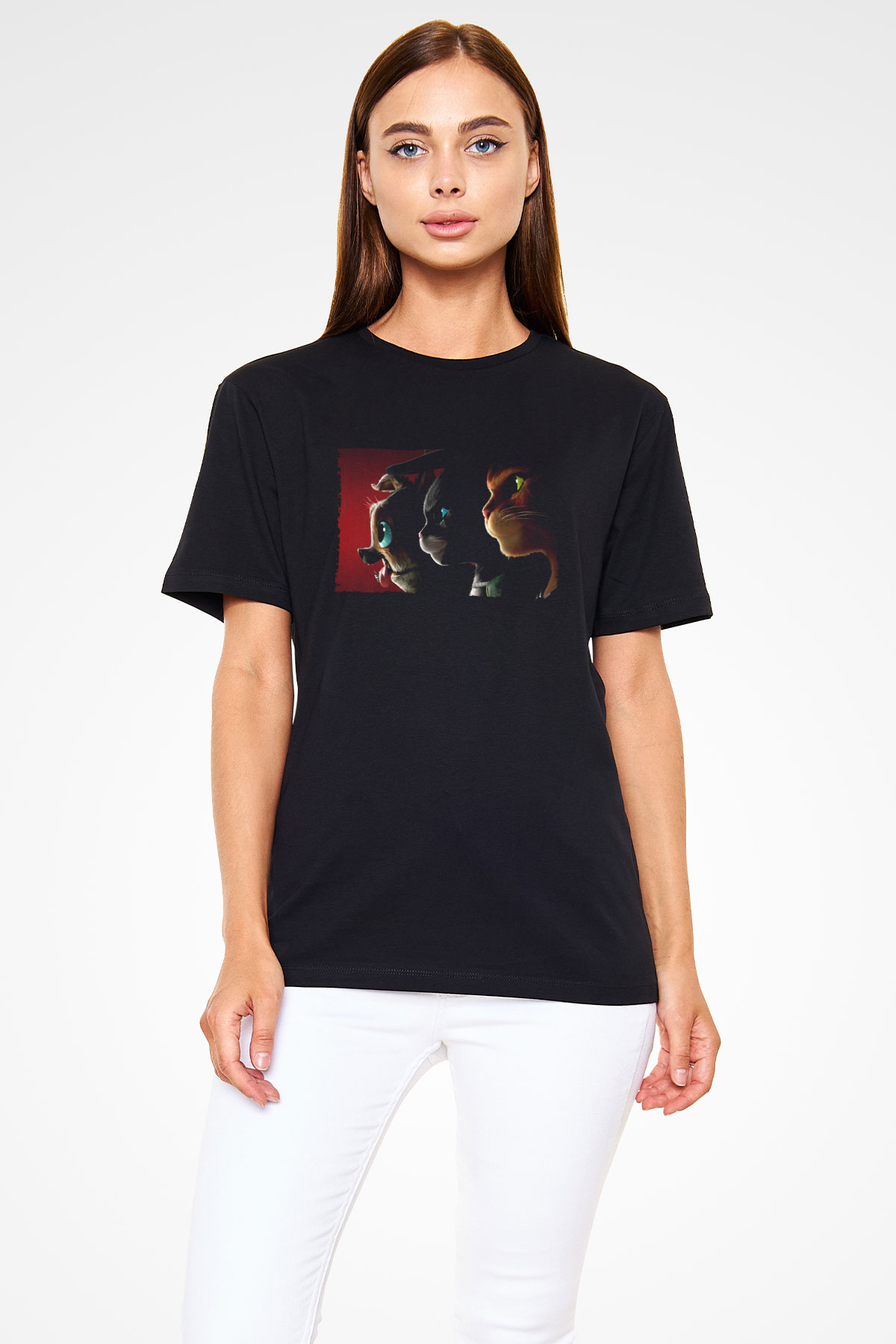 Unisex Çizmeli Kedi (Puss in Boots) Baskılı Siyah T-Shirt