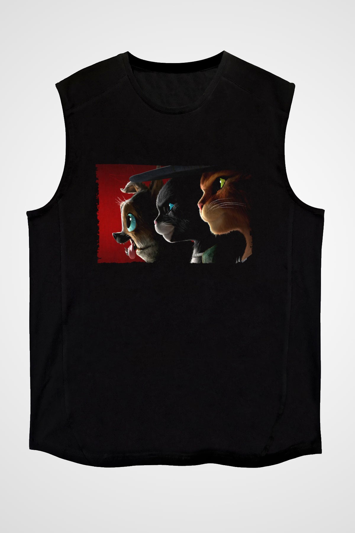 Unisex Çizmeli Kedi (Puss in Boots) Baskılı Siyah Kolsuz T-shirt