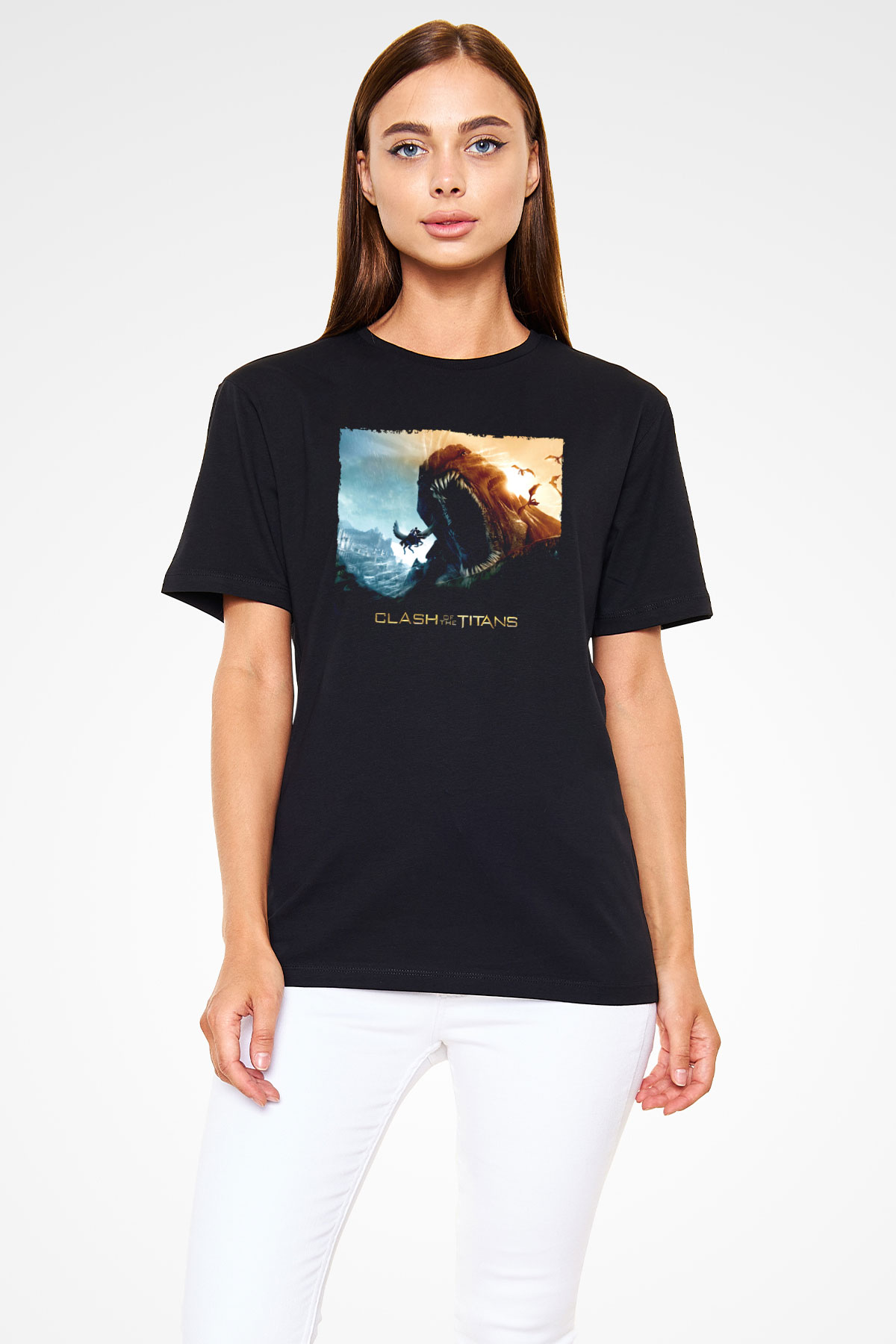 Unisex Clash of the Titans Baskılı Siyah Unisex Tshirt