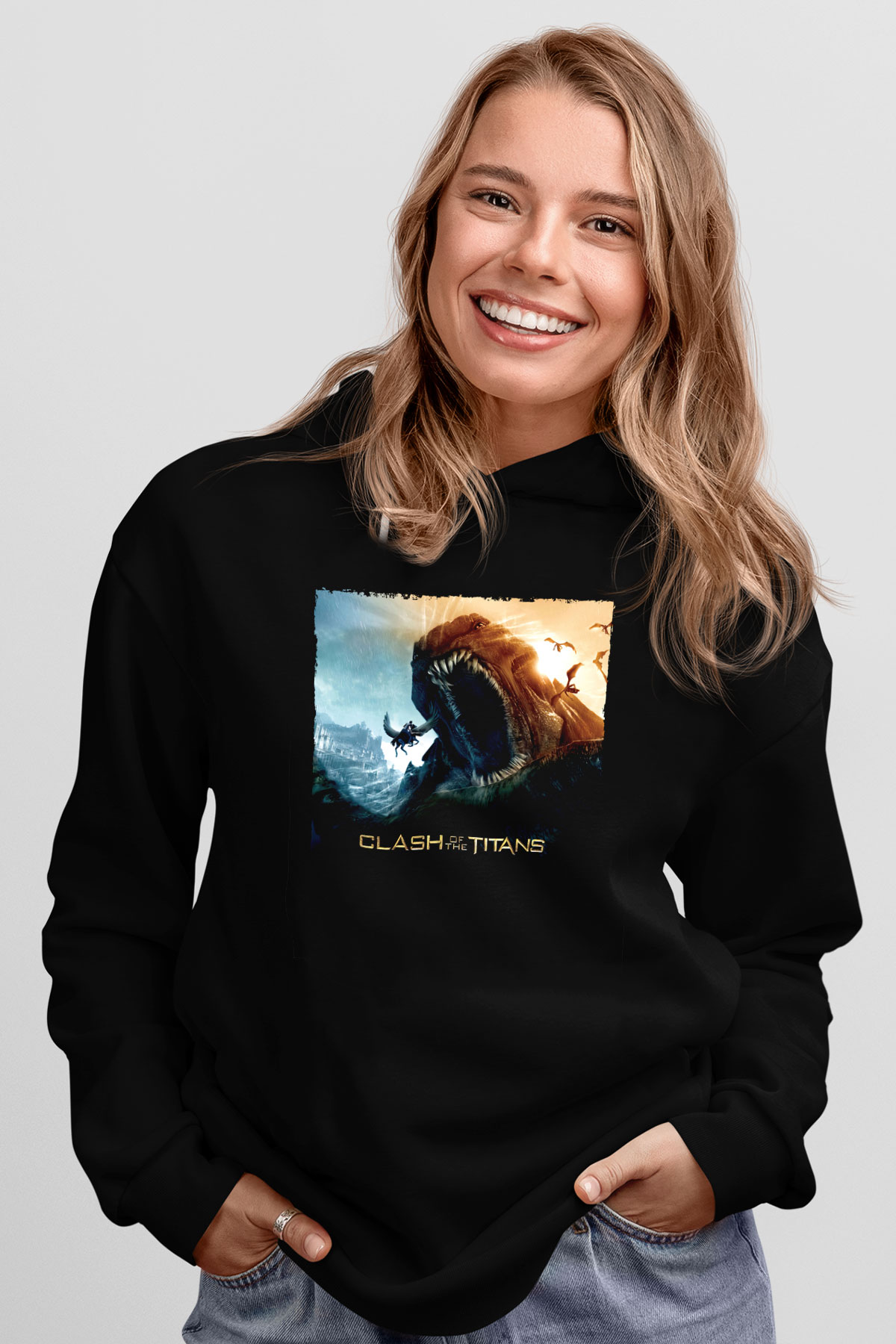 Unisex Clash of the Titans Baskılı Siyah Unisex Kapüşonlu Sweatshirt