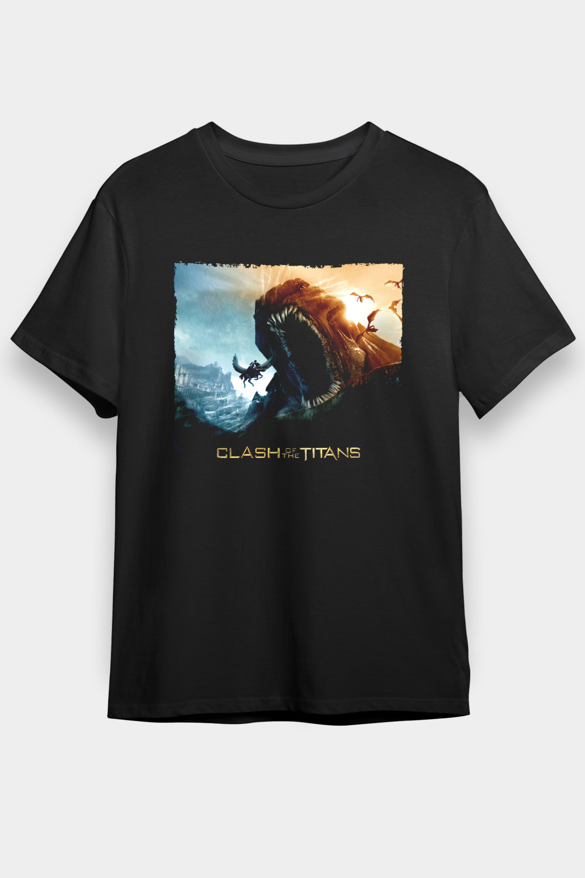 Unisex Clash of the Titans Baskılı Siyah Unisex Tshirt