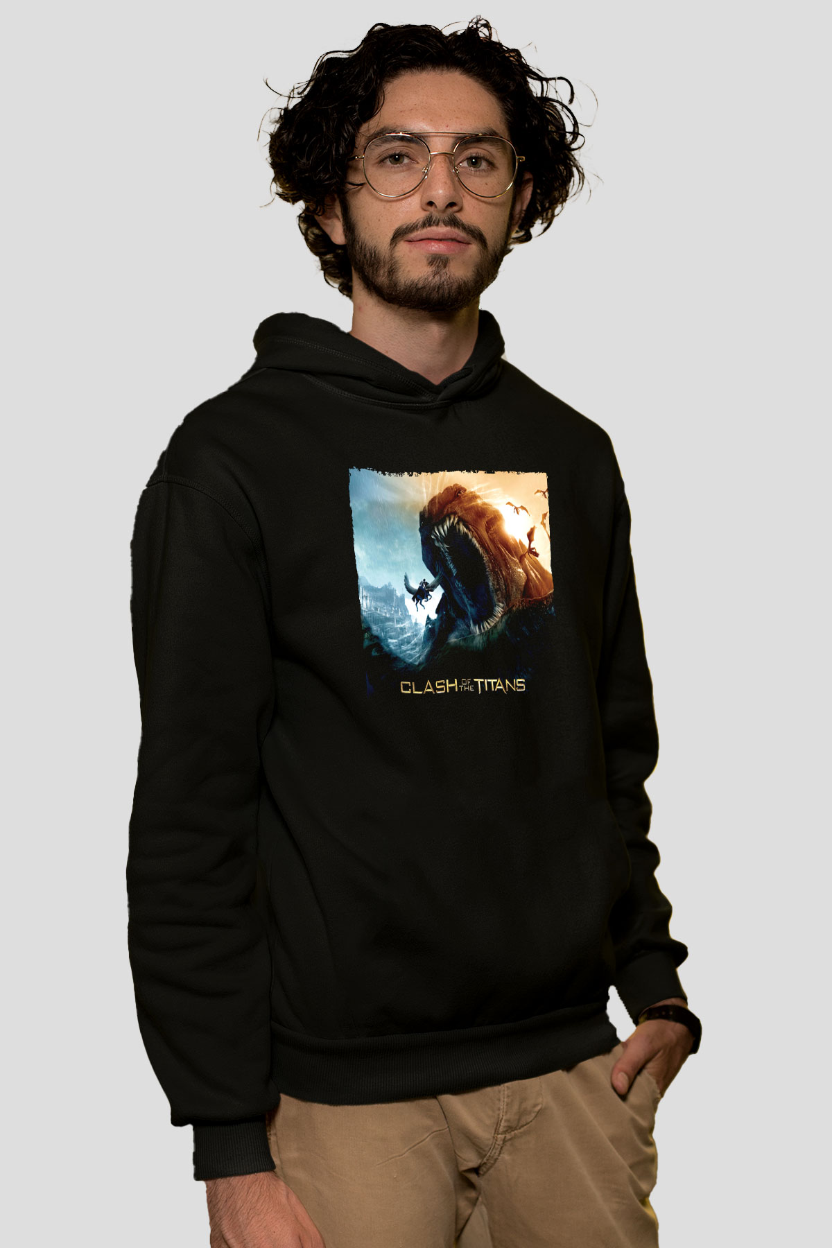 Unisex Clash of the Titans Baskılı Siyah Unisex Kapüşonlu Sweatshirt