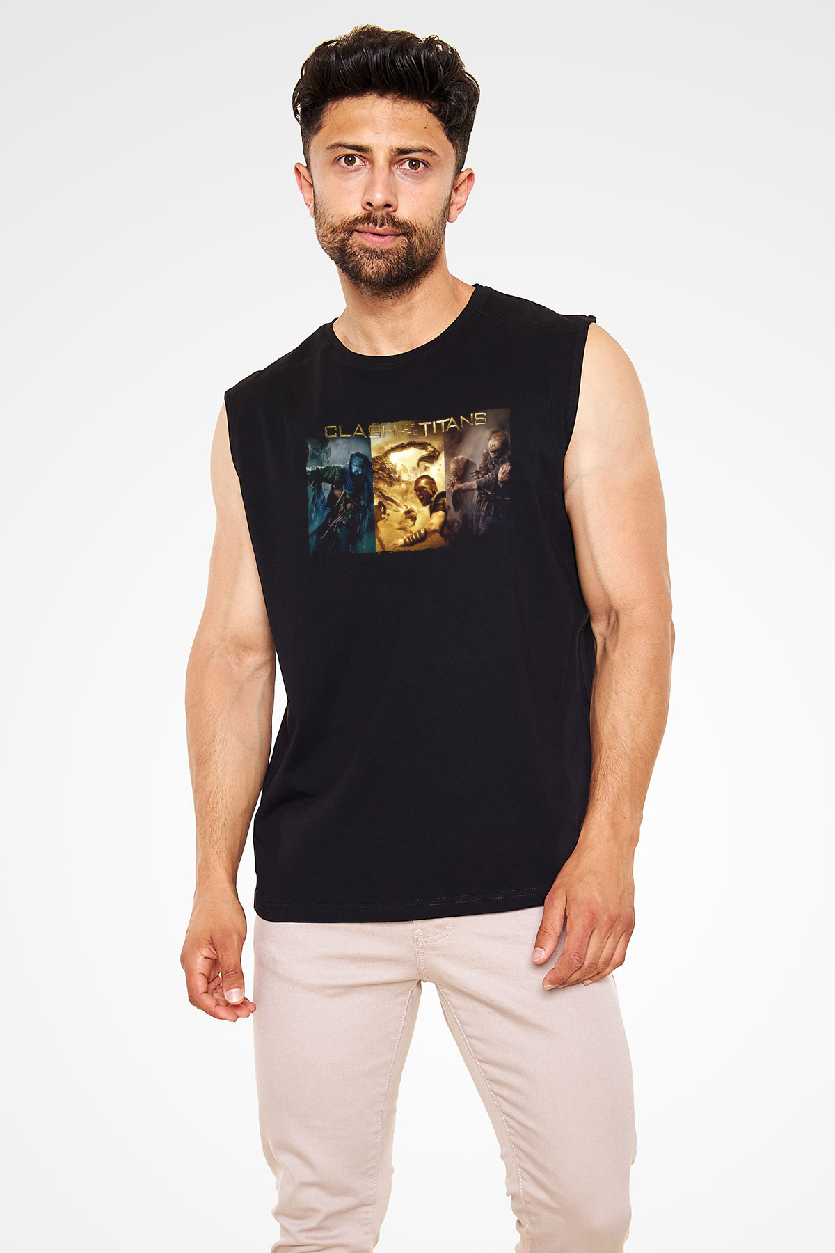 Unisex Clash of the Titans Baskılı Siyah Kolsuz Tshirt