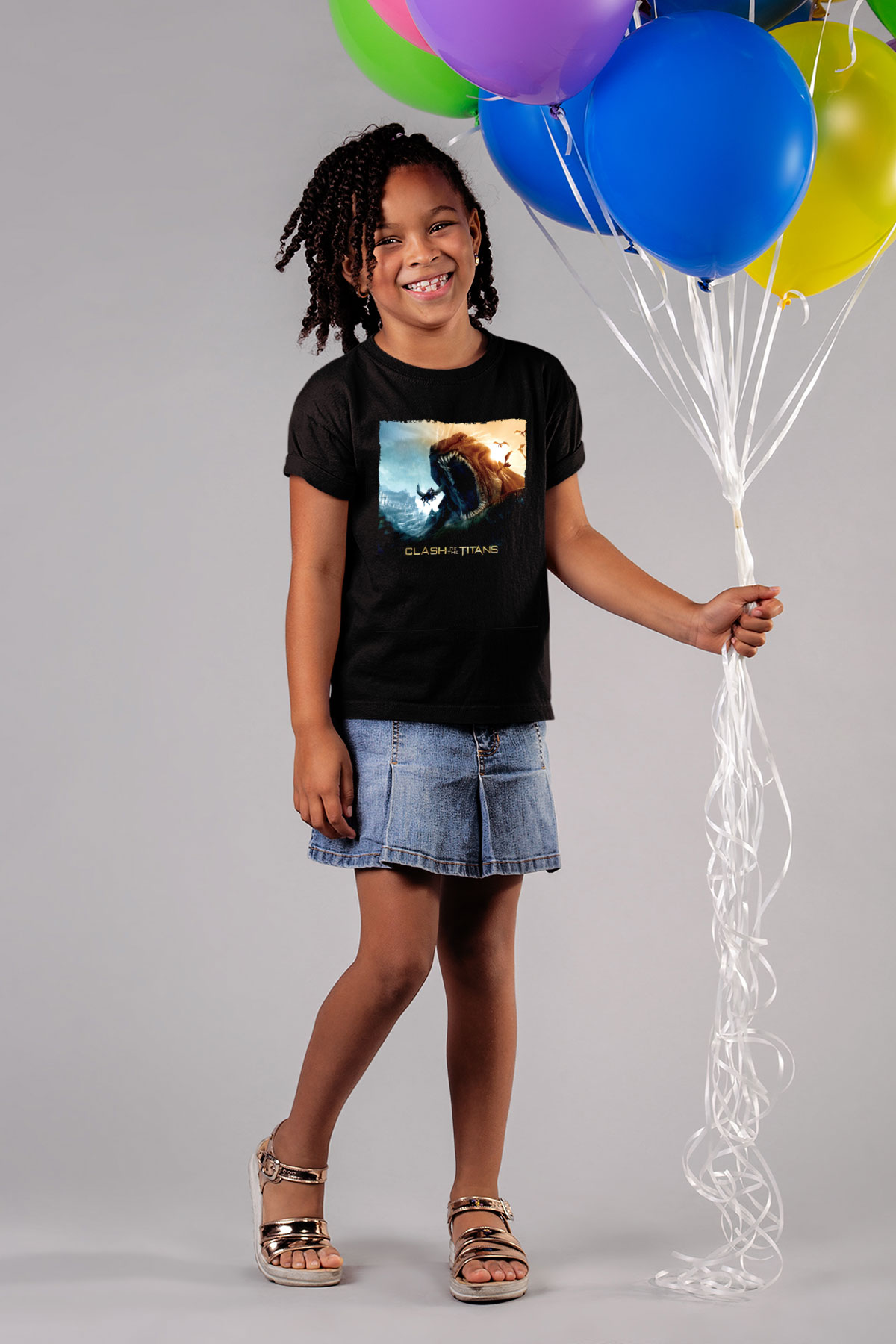 Unisex Clash of the Titans Baskılı Siyah Çocuk Unisex Tshirt