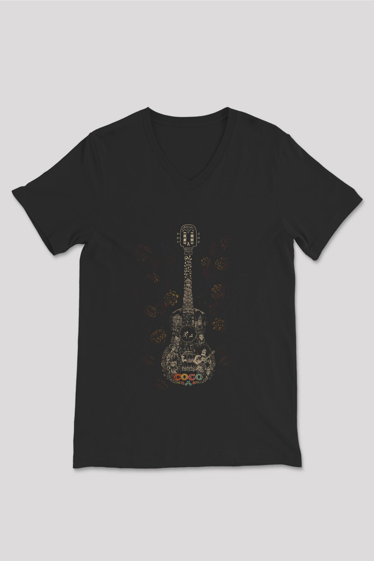 Unisex Coco Baskılı Siyah V Yaka T-shirt