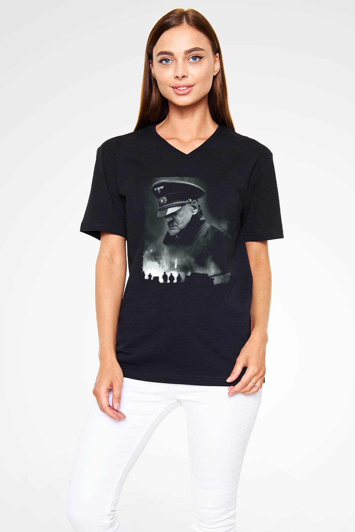 Unisex Çöküş (Downfall) Baskılı Siyah V Yaka T-shirt