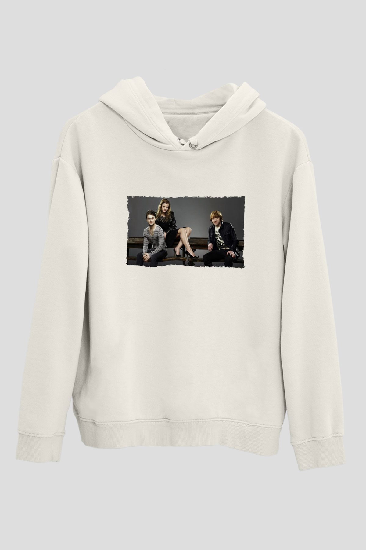 Unisex Daniel Radcliffe - Emma Watson and Rupert Grint Baskılı Beyaz Kapüşonlu Sweatshirt