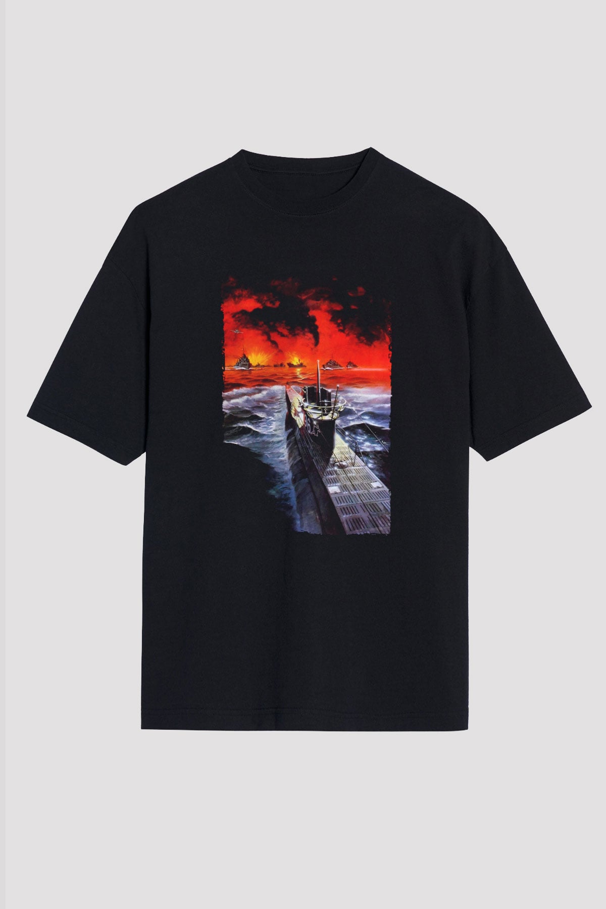 Unisex Das Boot Baskılı Siyah Oversize Tshirt