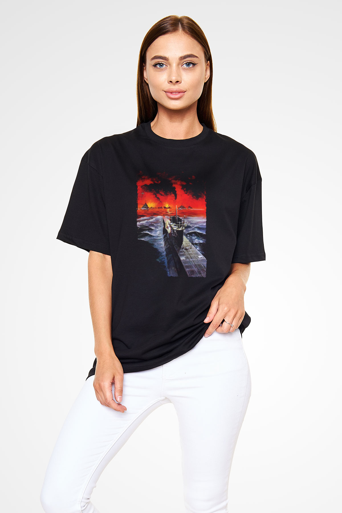 Unisex Das Boot Baskılı Siyah Oversize Tshirt
