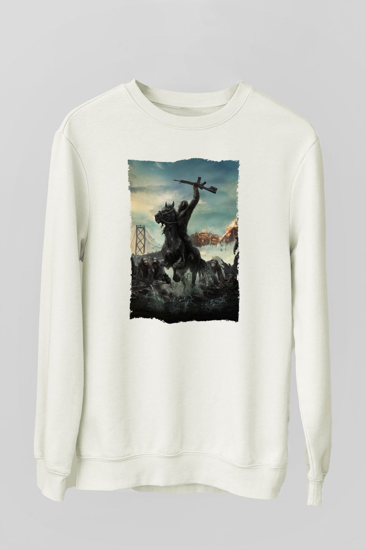 Unisex Dawn of the Planet of the Apes - Maymunlar Cehennemi Şafak Vakti Baskılı Beyaz Sweatshirt