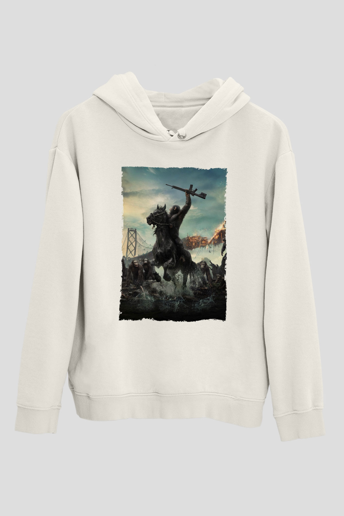 Unisex Dawn of the Planet of the Apes - Maymunlar Cehennemi Şafak Vakti Baskılı Beyaz Kapüşonlu Sweatshirt