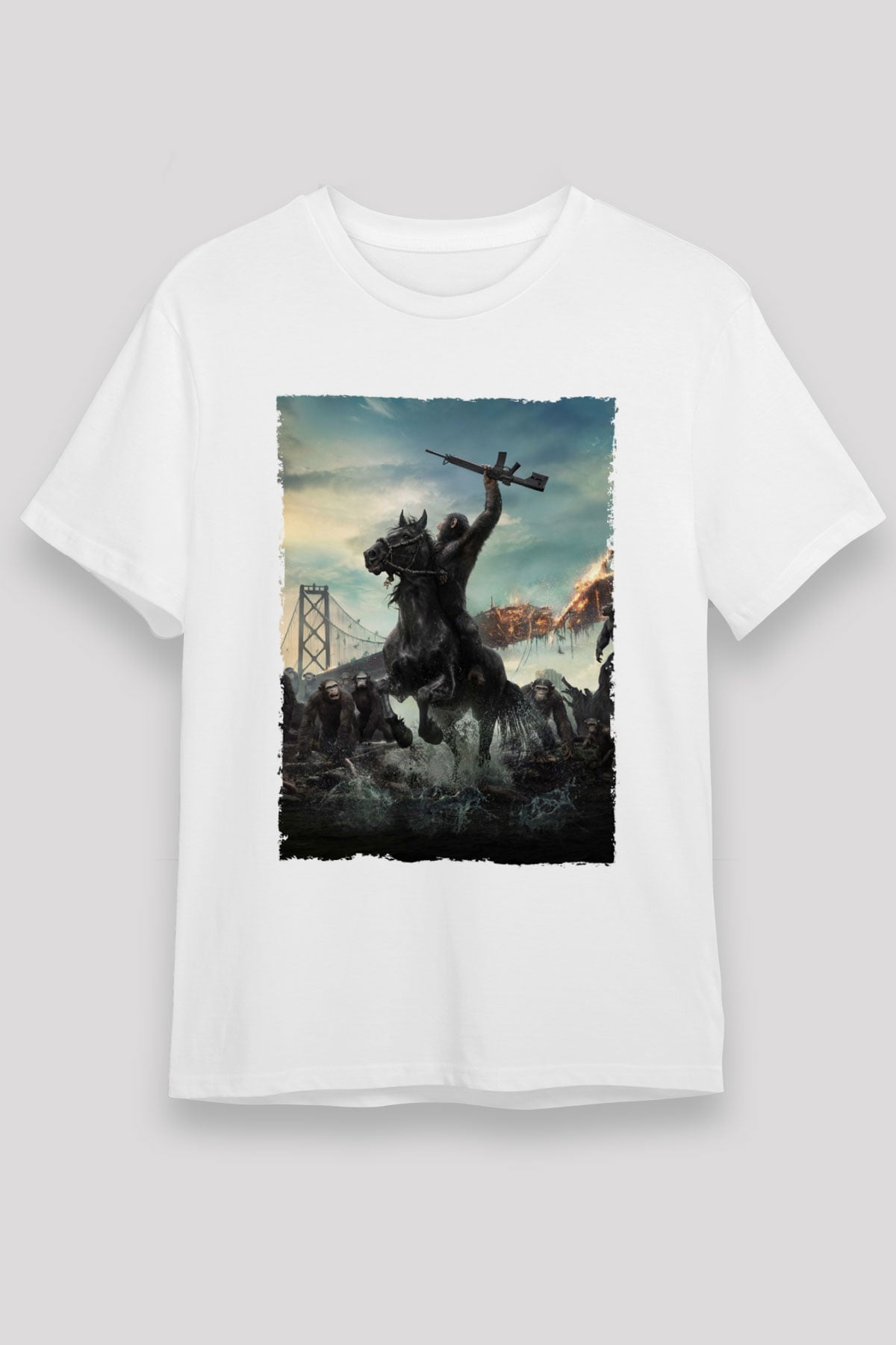 Unisex Dawn of the Planet of the Apes - Maymunlar Cehennemi Şafak Vakti Baskılı Beyaz Tişört