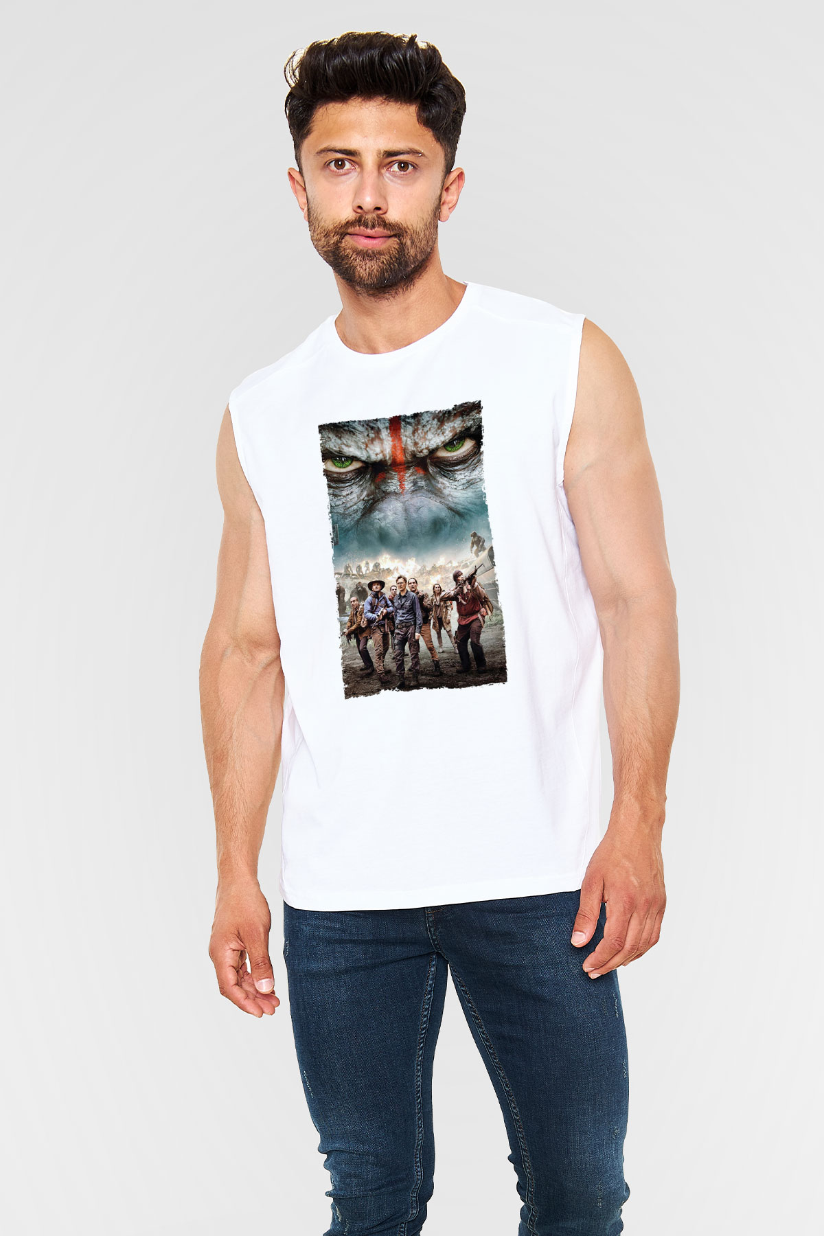 Unisex Dawn of the Planet of the Apes - Maymunlar Cehennemi Şafak Vakti Baskılı Beyaz Kolsuz Tshirt