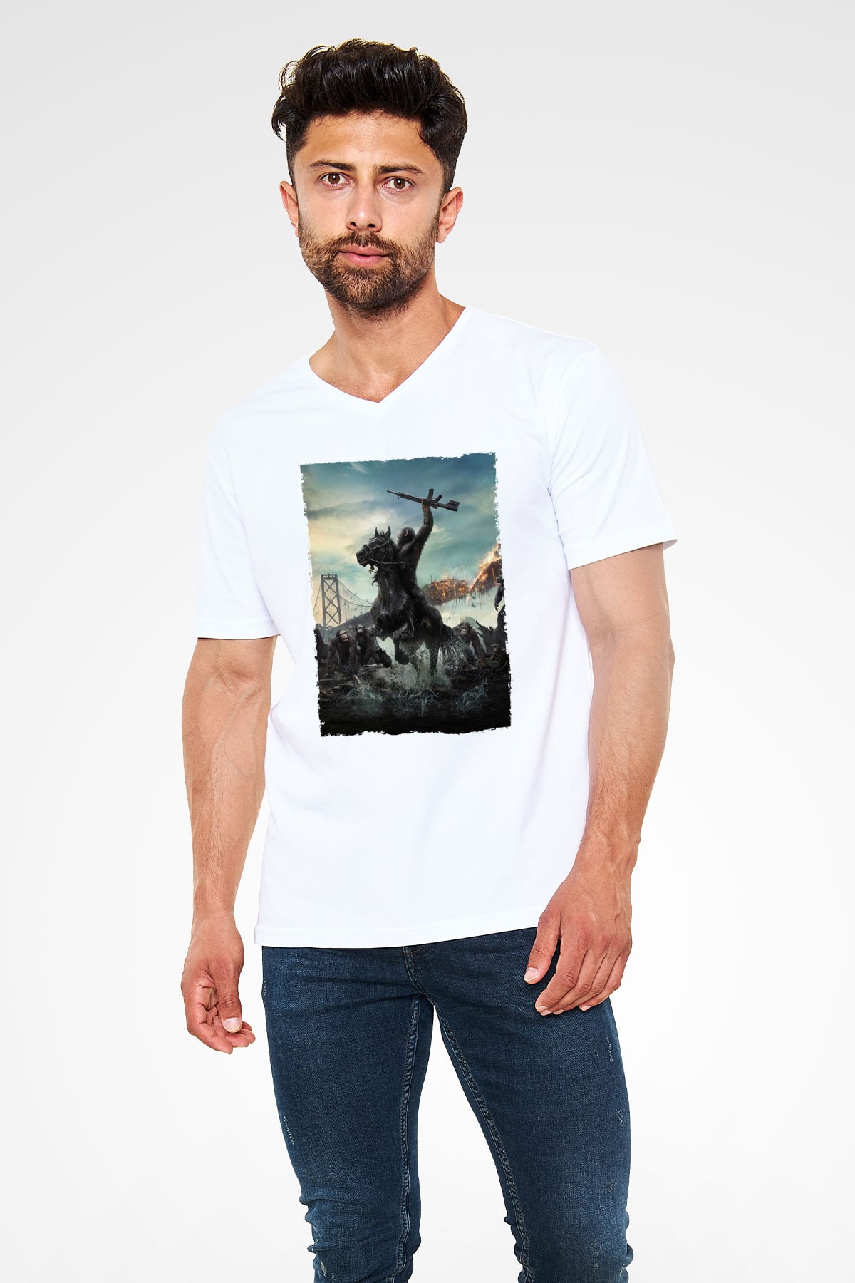 Unisex Dawn of the Planet of the Apes - Maymunlar Cehennemi Şafak Vakti Baskılı Beyaz V Yaka Tişört
