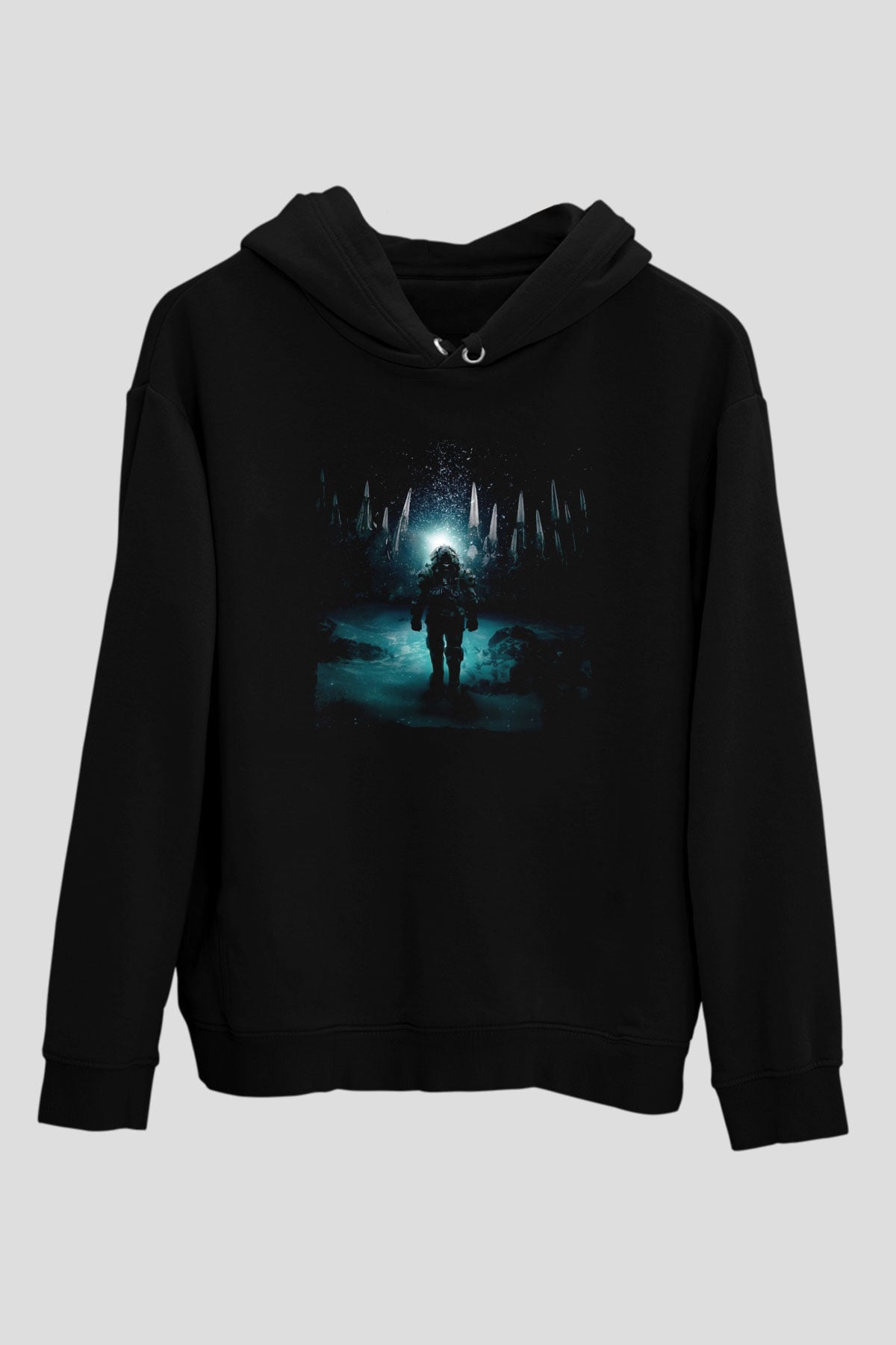 Unisex Derin Sular (Underwater) Baskılı Siyah Kapüşonlu Sweatshirt