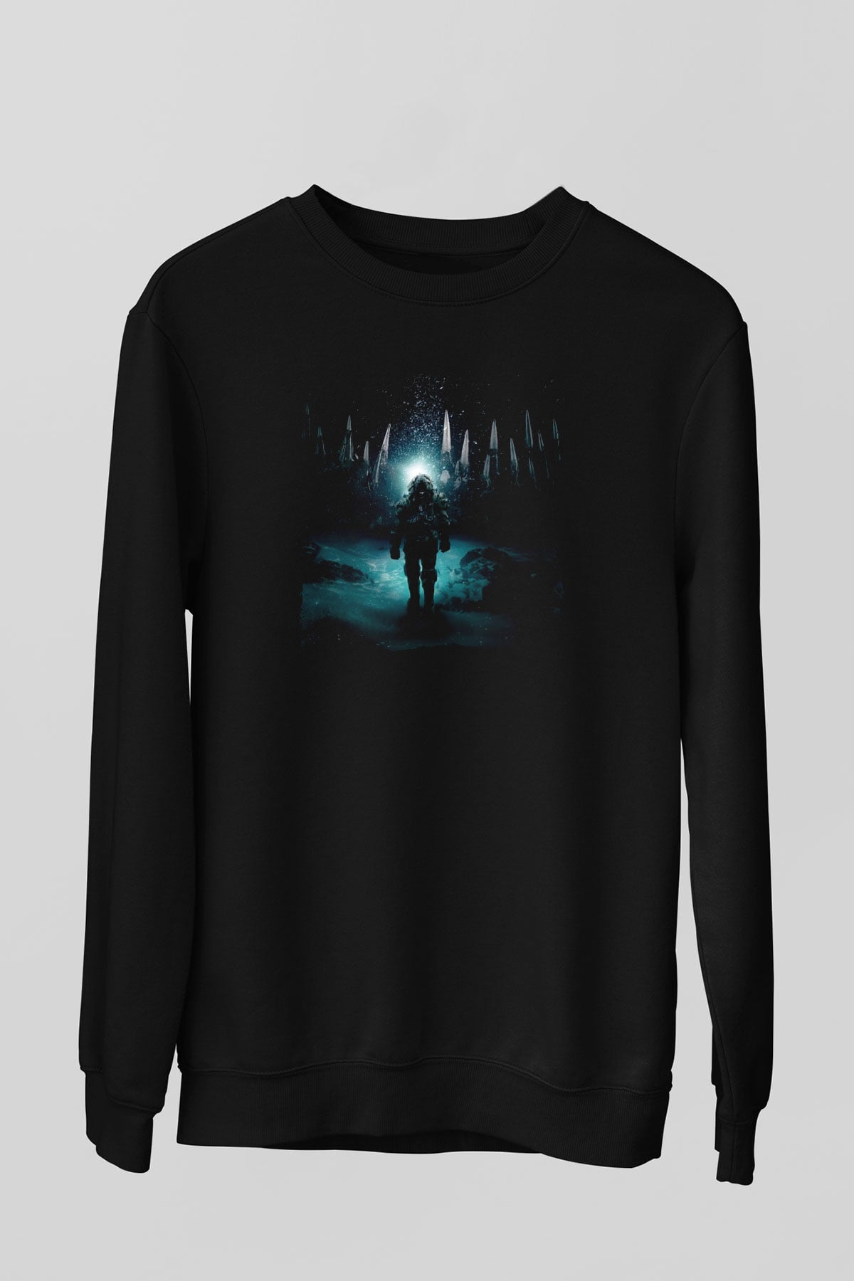 Unisex Derin Sular (Underwater) Baskılı Siyah Sweatshirt