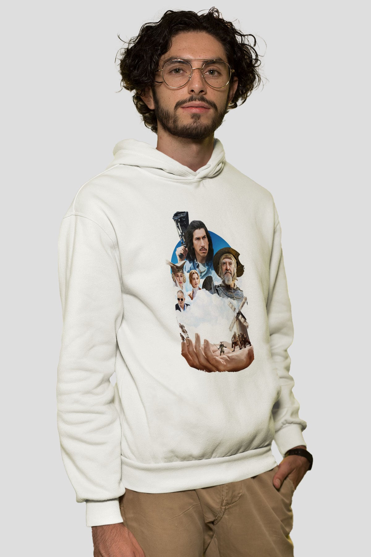 Unisex Don Kişot'u Öldüren Adam (The Man Who Killed Don Quixote) Baskılı Beyaz Kapüşonlu Sweatshirt