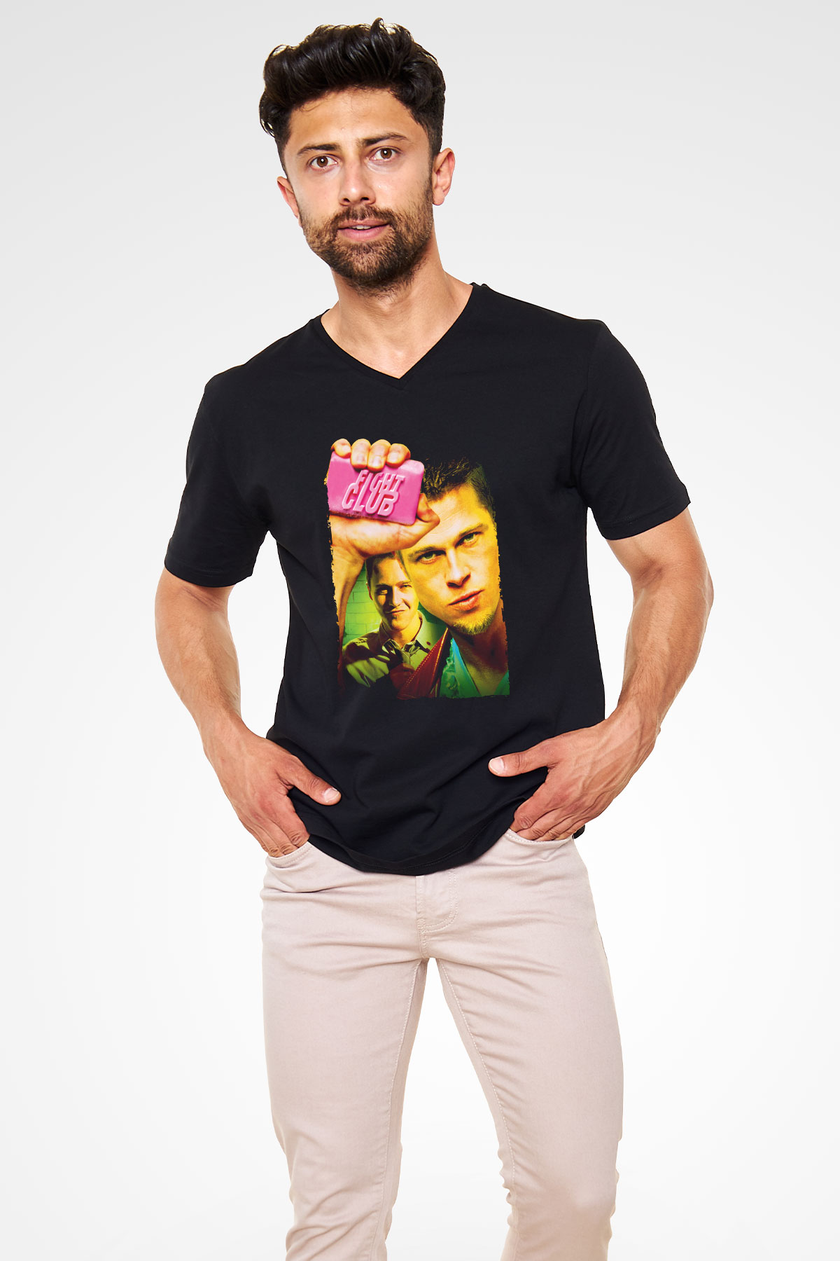 Unisex Dövüş Kulübü (Fight Club) Baskılı Siyah V Yaka T-shirt