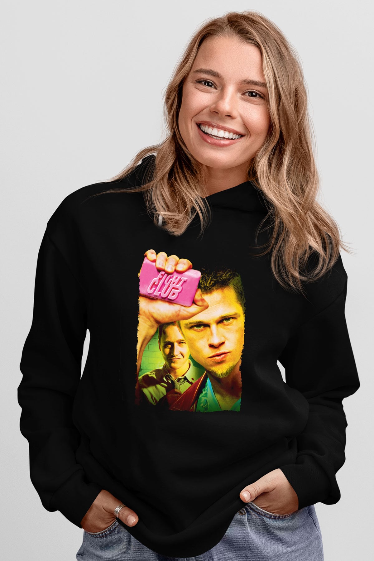 Unisex Dövüş Kulübü (Fight Club) Baskılı Siyah Kapüşonlu Sweatshirt