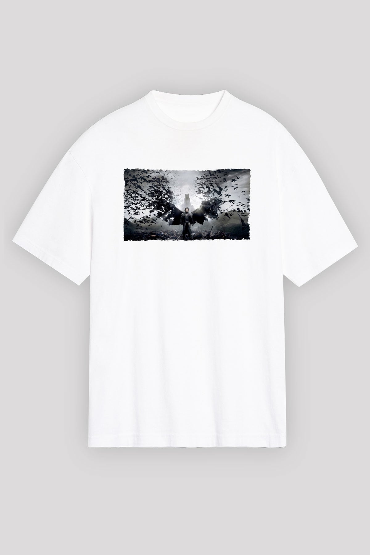 Unisex Dracula Untold Baskılı Beyaz Oversize Oversize T-shirt