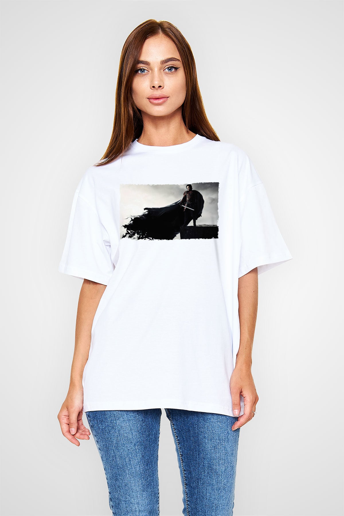 Unisex Dracula Untold Baskılı Beyaz Oversize Tişört